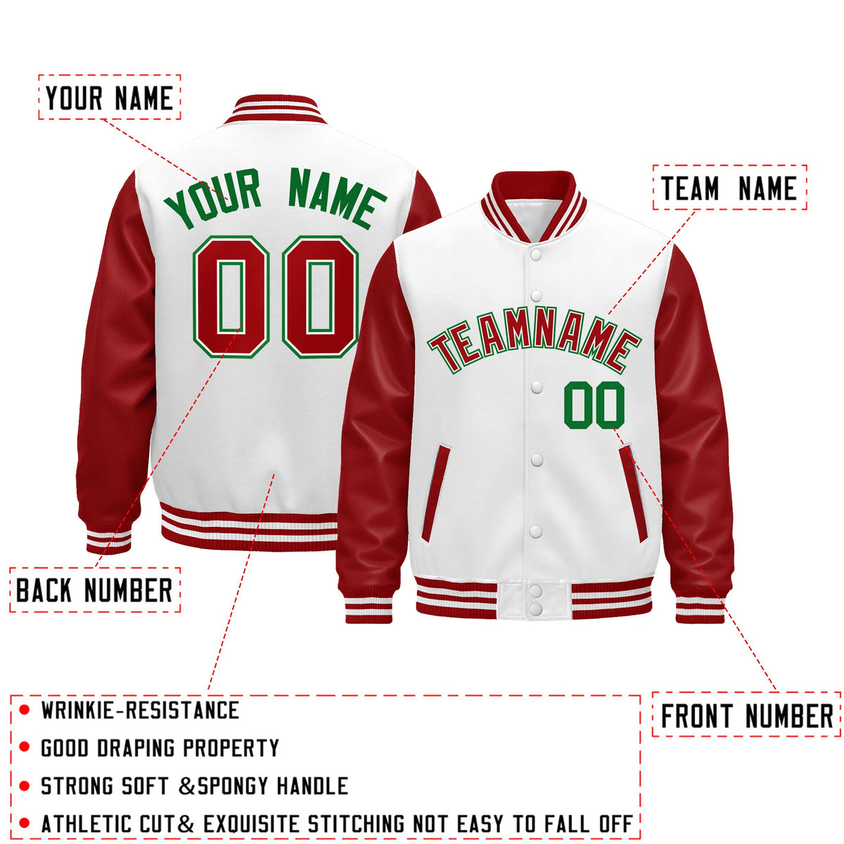 Custom Red White Kelly Green Raglan Sleeves Varsity Full-Snap Letterman Jacket| KXKSHOP