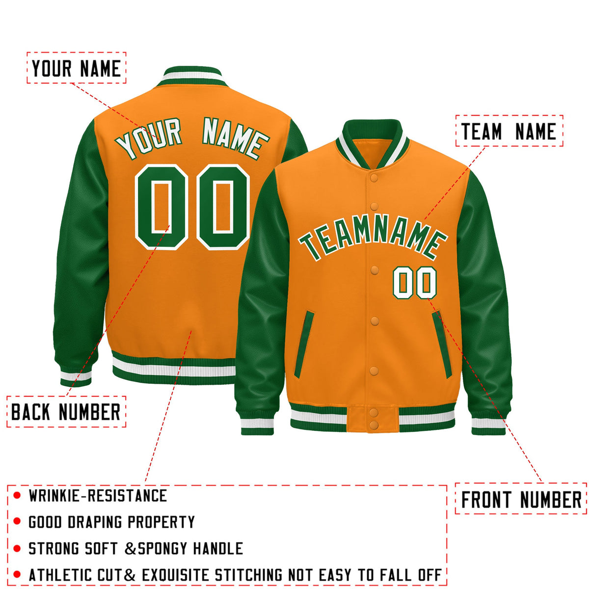 Custom Kelly Green Orange White Raglan Sleeves Varsity Full-Snap Leather Sleeves Letterman Jacket| KXKSHOP