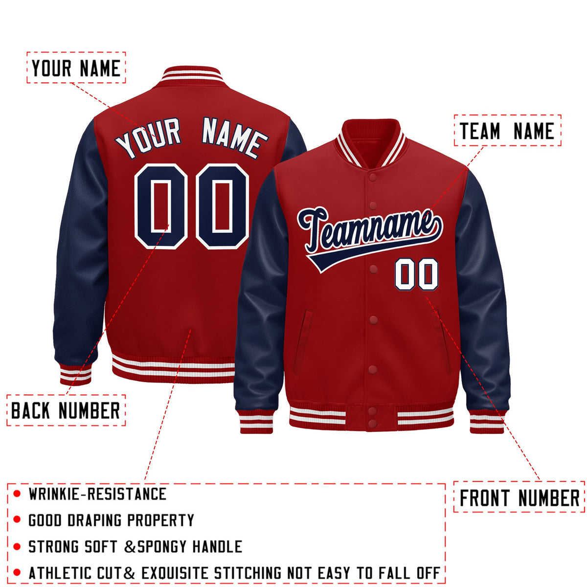Custom Navy Red White Raglan Sleeves Varsity Full-Snap Leather Sleeves Letterman Jacket| KXKSHOP