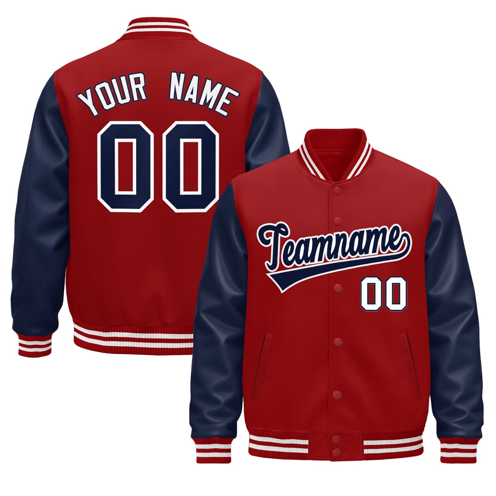 Custom Navy Red White Raglan Sleeves Varsity Full-Snap Leather Sleeves Letterman Jacket| KXKSHOP