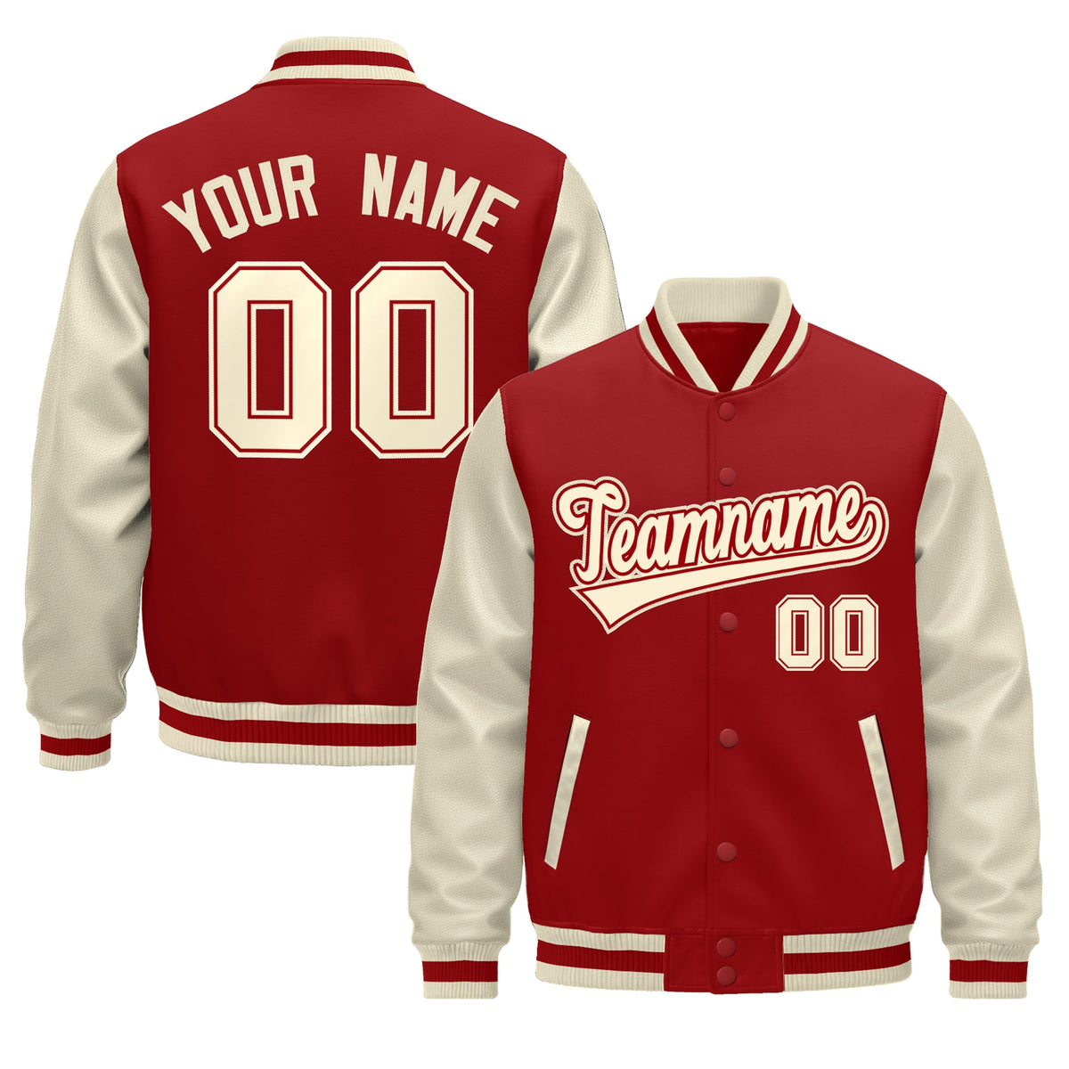 Custom Cream Cream Red Raglan Sleeves Varsity Full-Snap Leather Sleeves Letterman Jacket| KXKSHOP