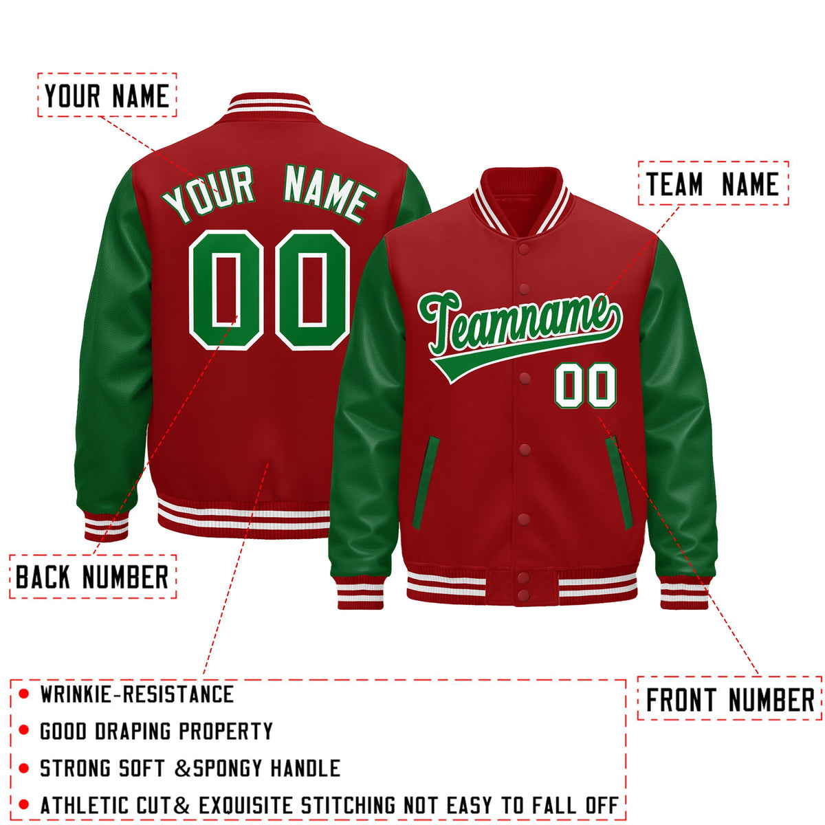 Custom Cream Kelly Green Red Raglan Sleeves Varsity Full-Snap Letterman Jacket| KXKSHOP