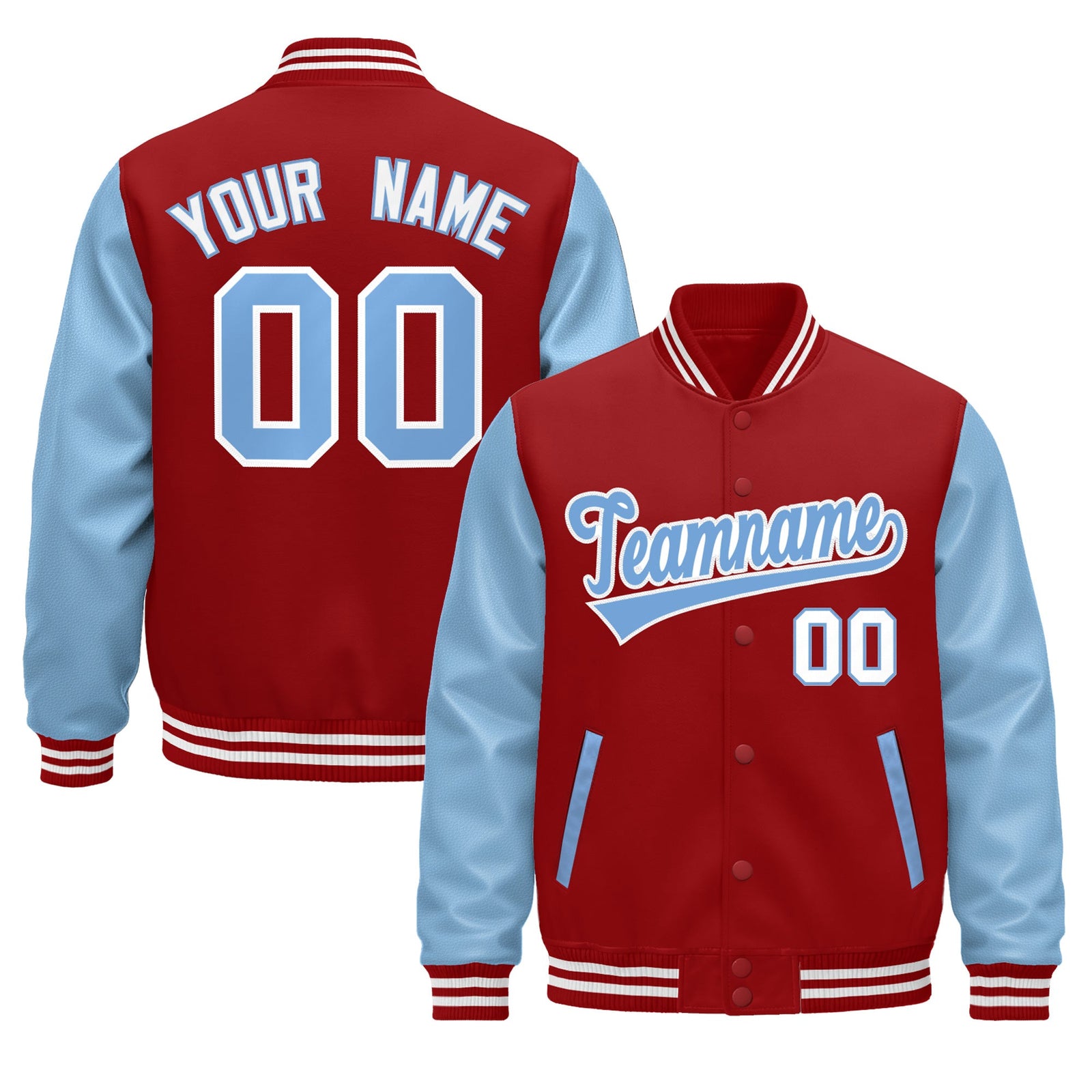 Custom Cream Light Blue Red Raglan Sleeves Varsity Full-Snap Leather Sleeves Letterman Jacket| KXKSHOP