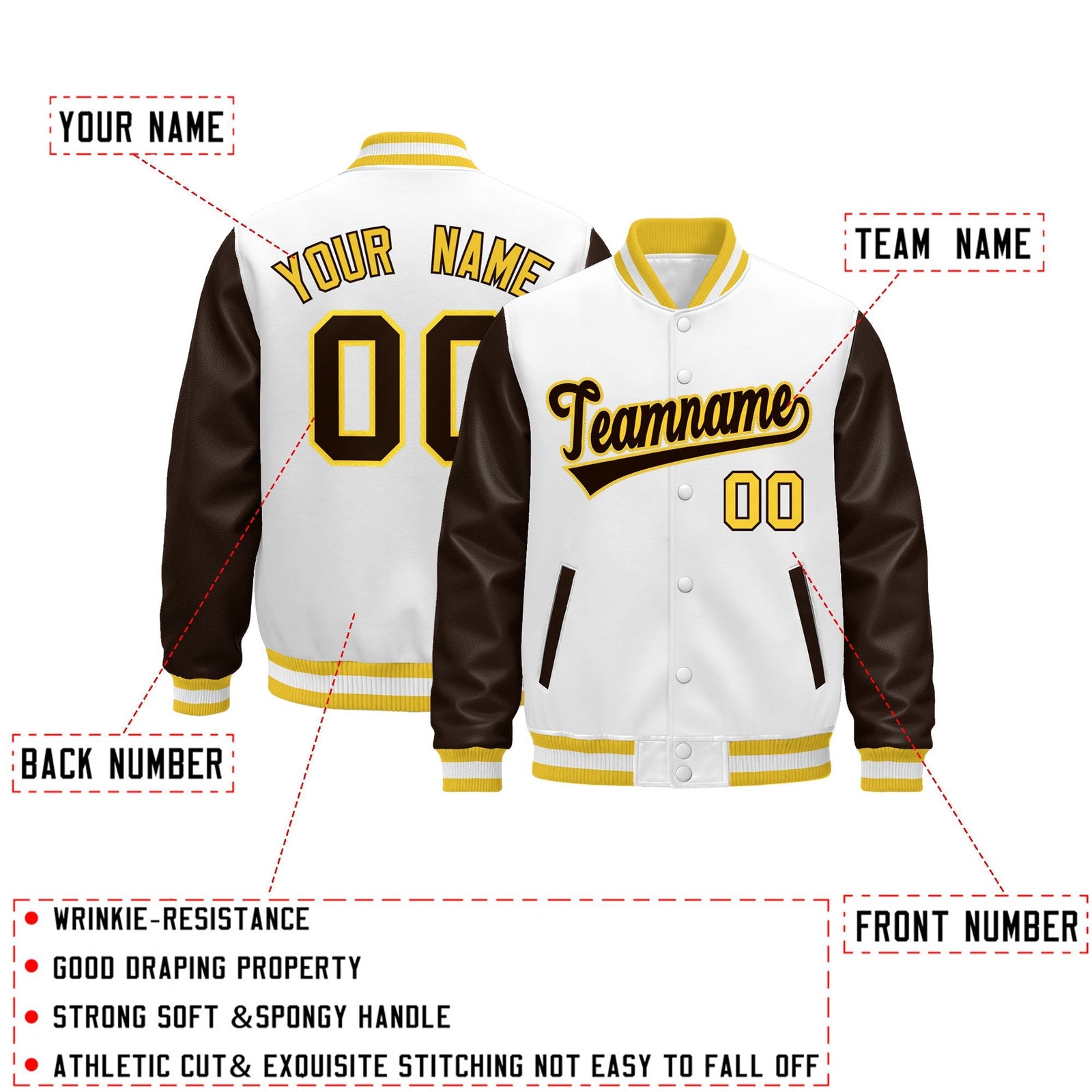Custom White Brown Gold Raglan Sleeves Varsity Full-Snap Leather Sleeves Letterman Jacket| KXKSHOP