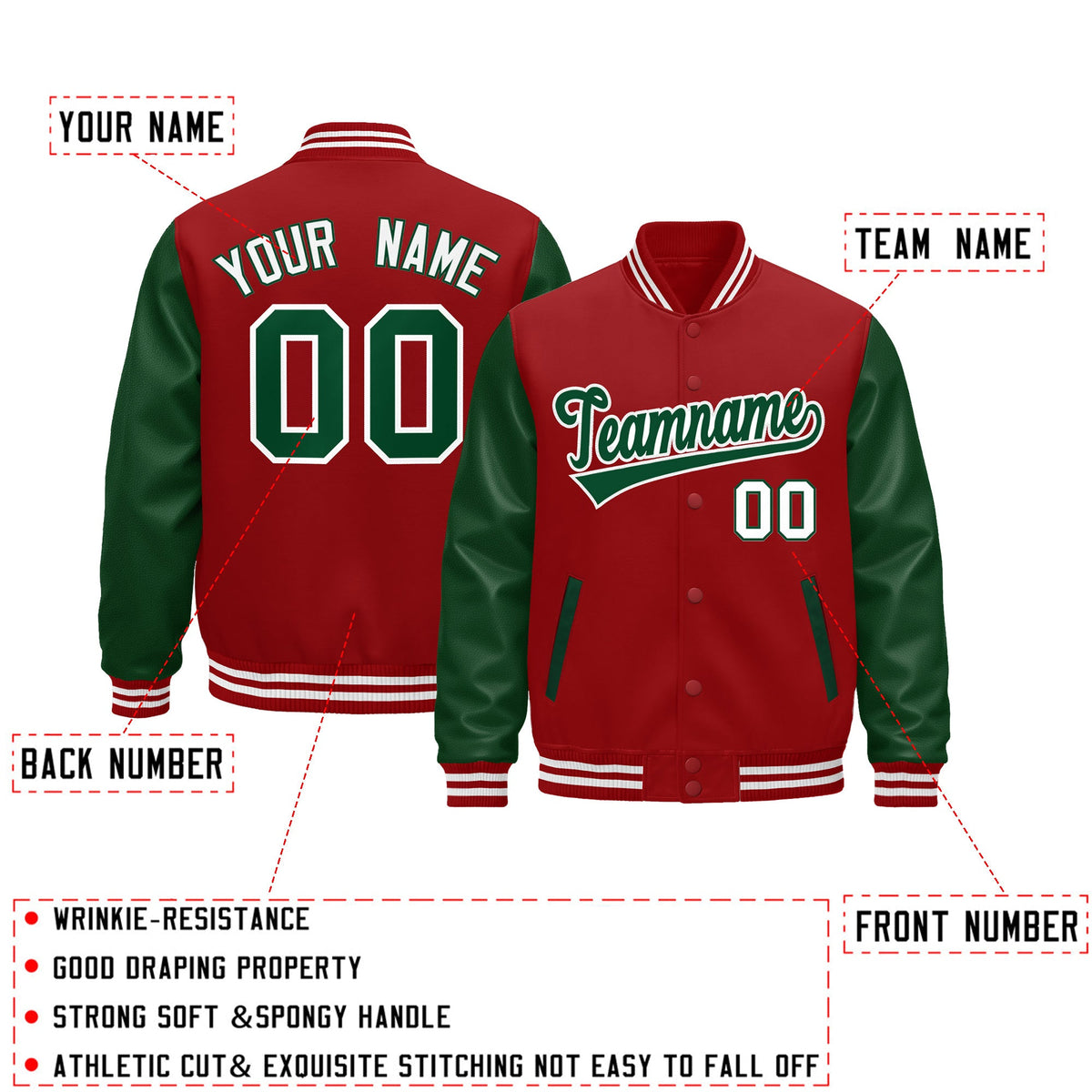 Custom Cream Dark Green Red Raglan Sleeves Varsity Full-Snap Leather Sleeves Letterman Jacket| KXKSHOP