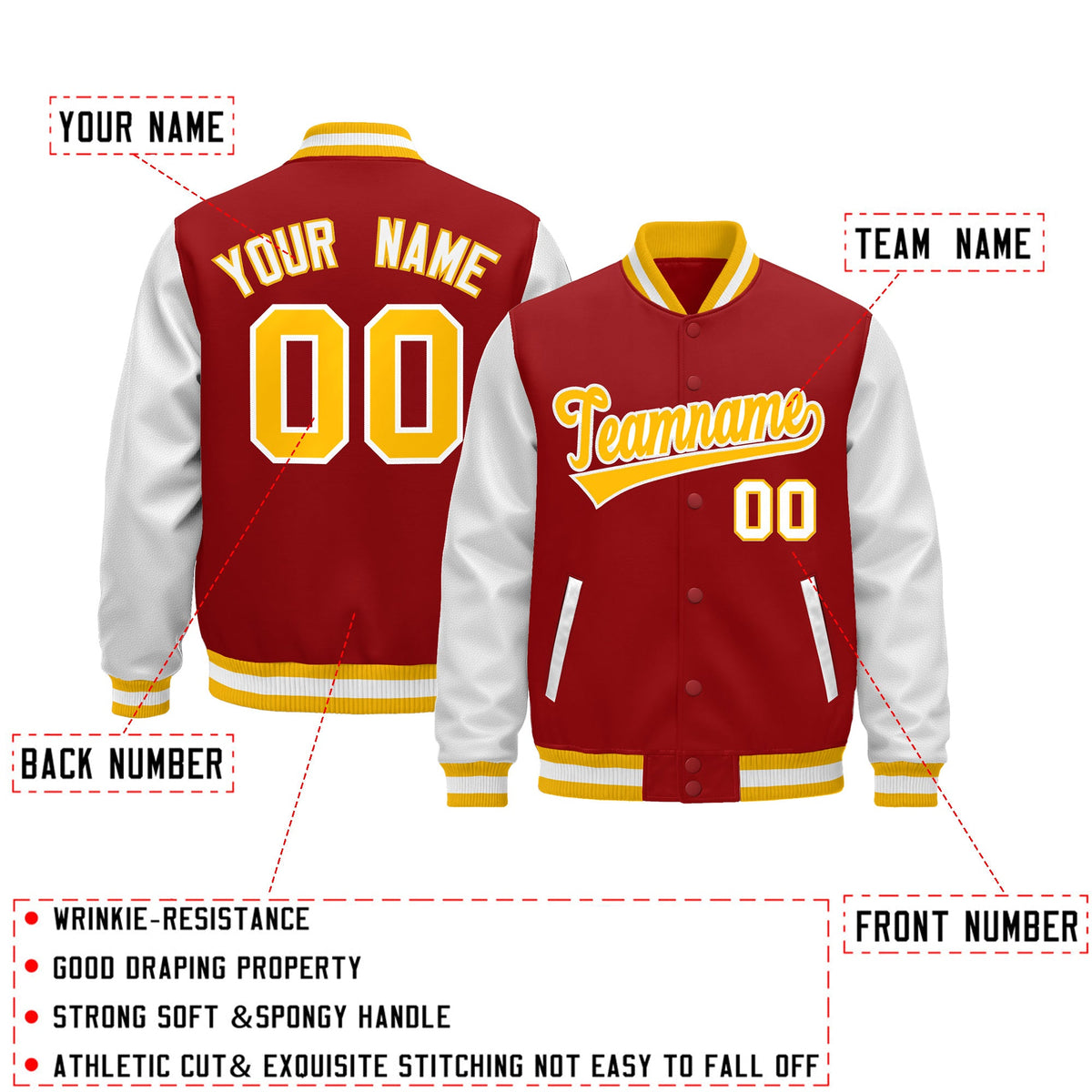 Custom Red White Gold Raglan Sleeves Varsity Full-Snap Leather Sleeves Letterman Jacket| KXKSHOP