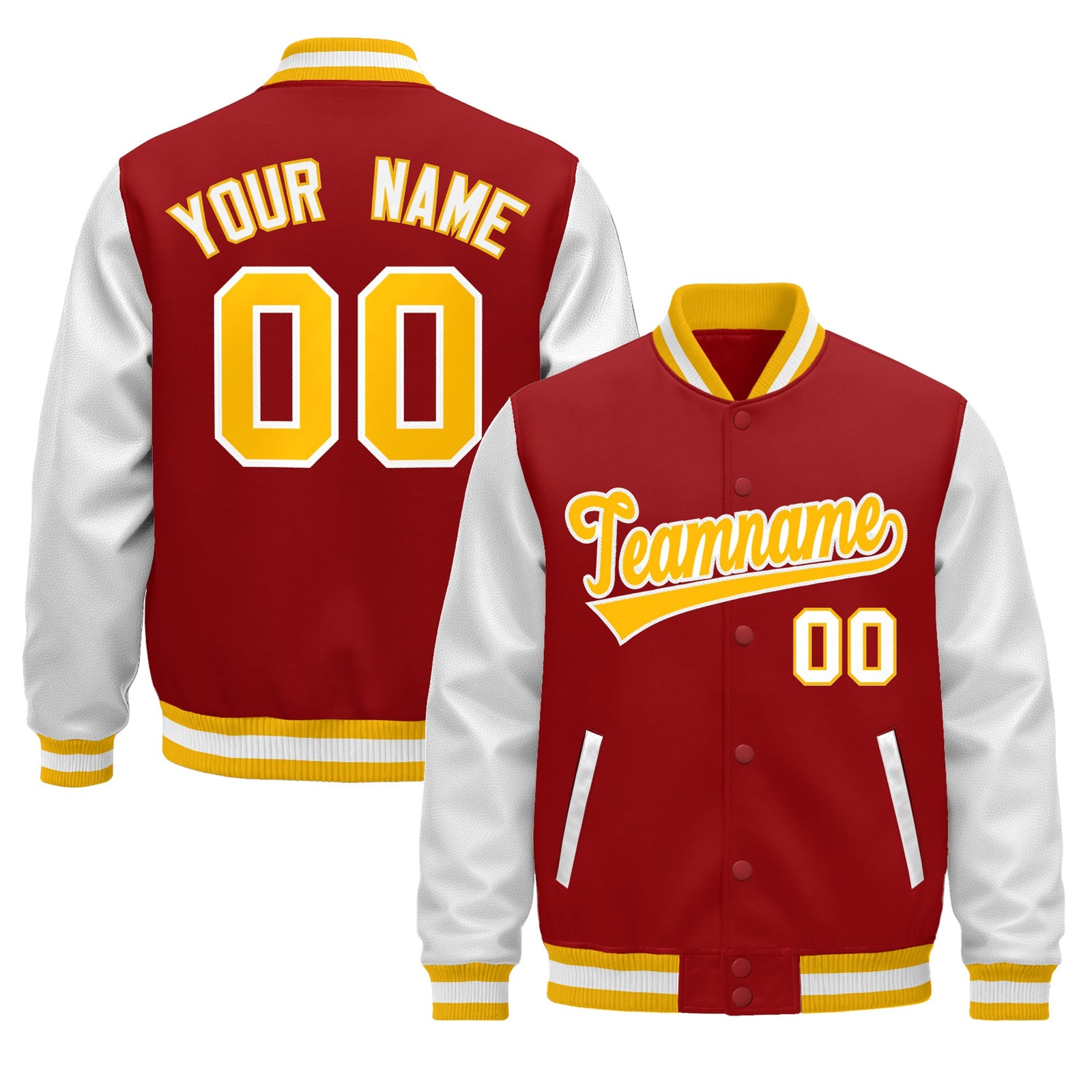 Custom Red White Gold Raglan Sleeves Varsity Full-Snap Leather Sleeves Letterman Jacket| KXKSHOP