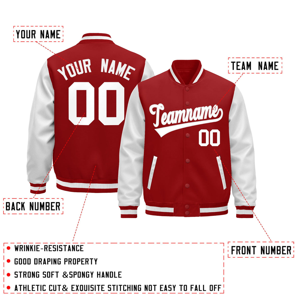 Custom Red White Raglan Sleeves Varsity Full-Snap Leather Sleeves Letterman Jacket| KXKSHOP