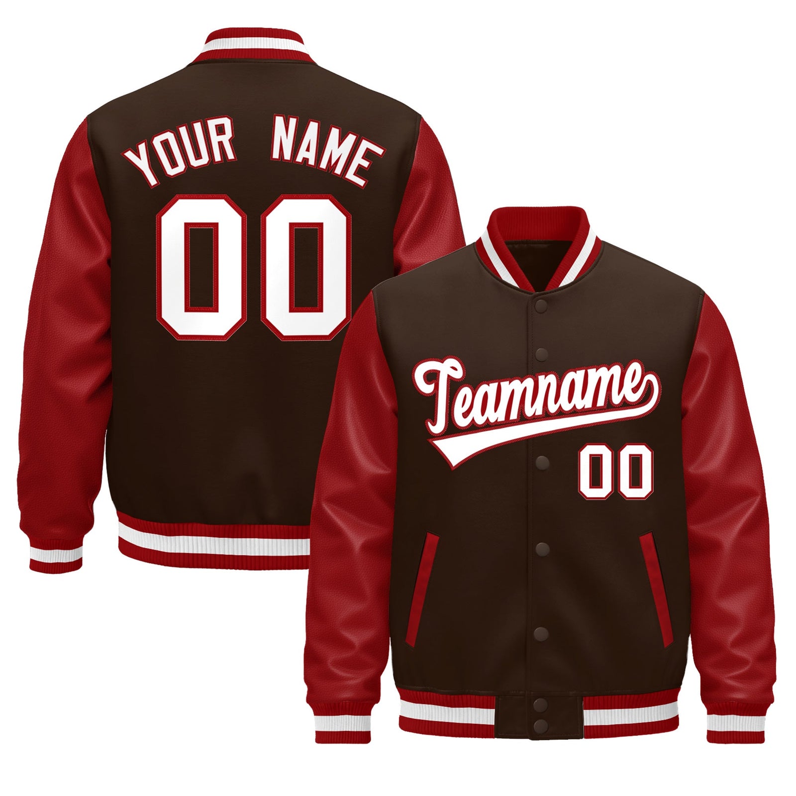Custom Red Brown White Raglan Sleeves Varsity Full-Snap Leather Sleeves Letterman Jacket| KXKSHOP