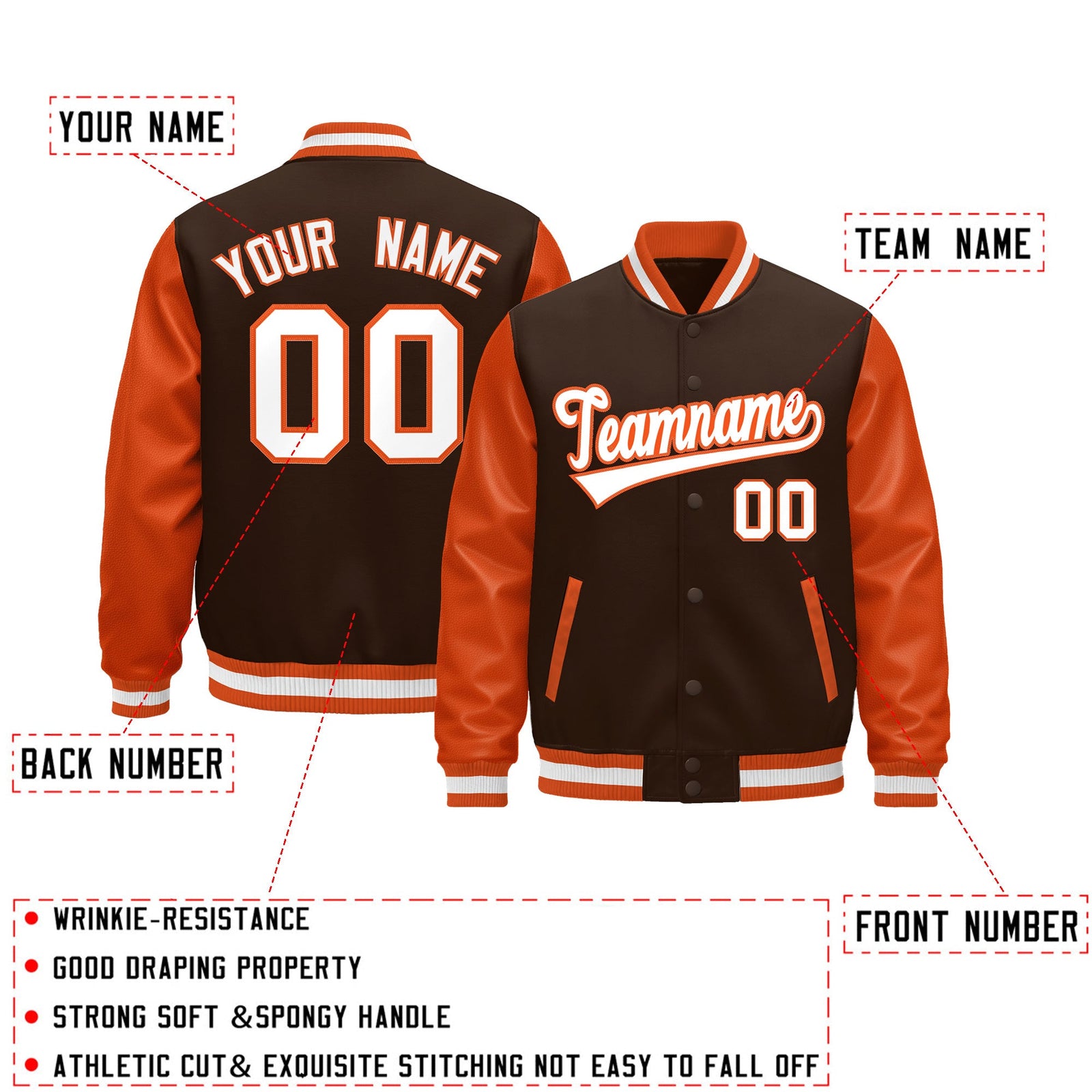 Custom Orange Brown White Raglan Sleeves Varsity Full-Snap Leather Sleeves Letterman Jacket| KXKSHOP