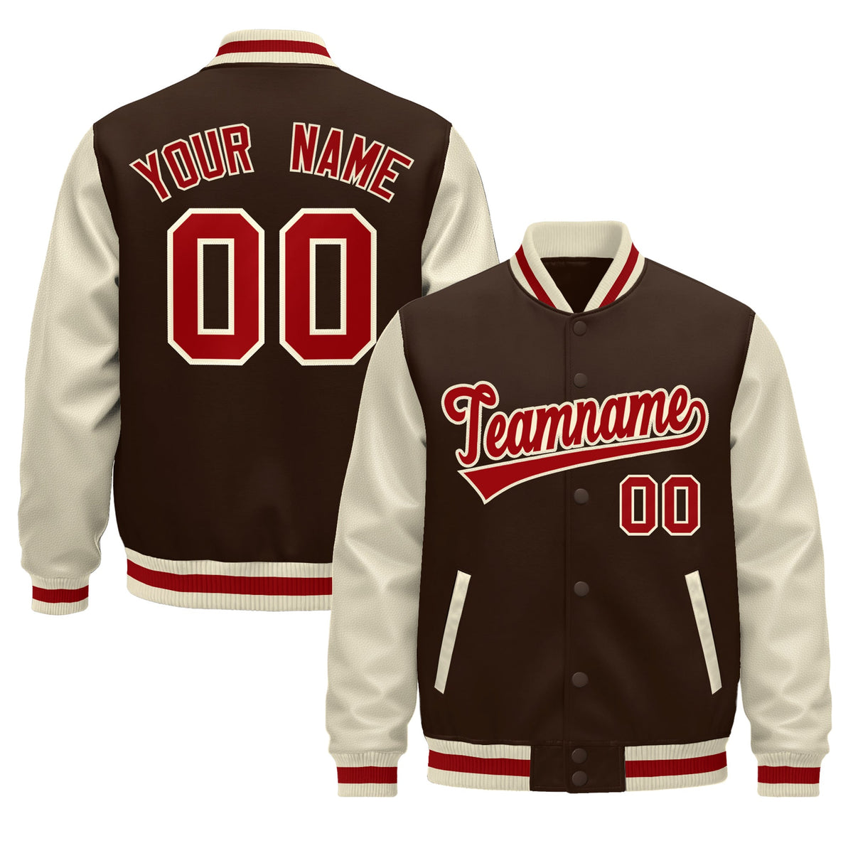 Custom Cream Brown Red Raglan Sleeves Varsity Full-Snap Leather Sleeves Letterman Jacket| KXKSHOP