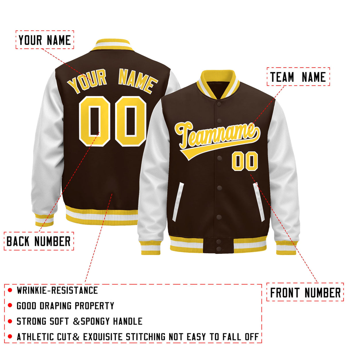 Custom White Brown Gold Raglan Sleeves Varsity Full-Snap Leather Sleeves Letterman Jacket| KXKSHOP