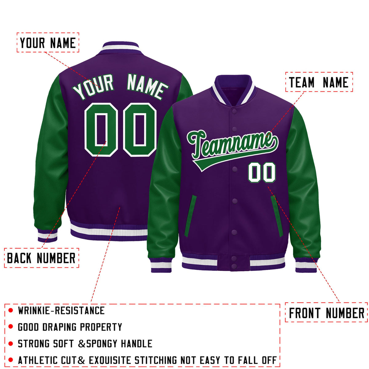 Custom Purple Kelly Green White Raglan Sleeves Varsity Full-Snap Letterman Jacket| KXKSHOP