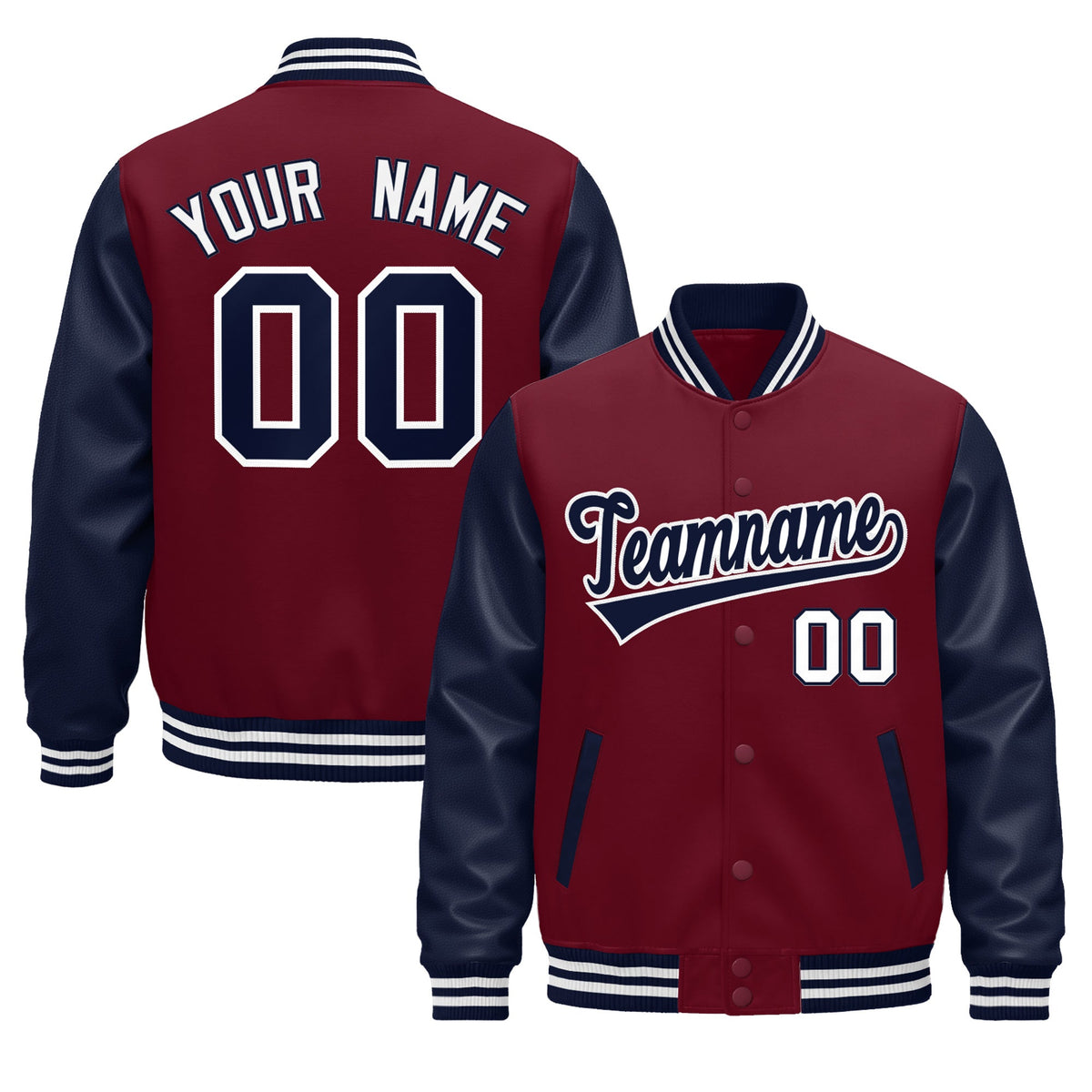 Custom Crimson Navy White Raglan Sleeves Varsity Full-Snap Leather Sleeves Letterman Jacket| KXKSHOP