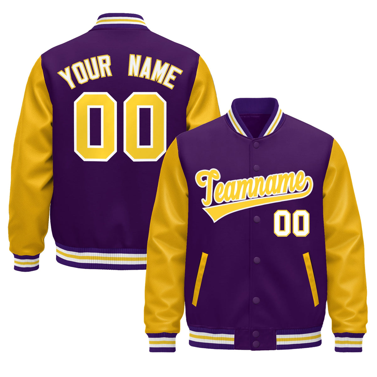 Custom Purple Gold White Raglan Sleeves Varsity Full-Snap Leather Sleeves Letterman Jacket| KXKSHOP