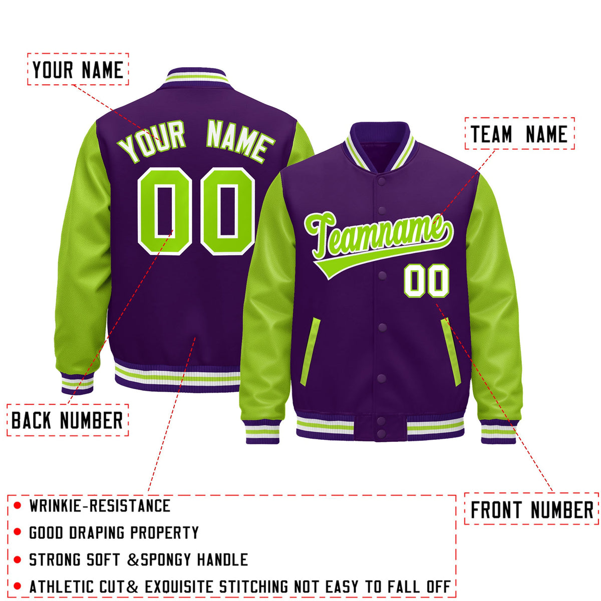 Custom Purple Neon Green White Raglan Sleeves Varsity Full-Snap Leather Sleeves Letterman Jacket| KXKSHOP