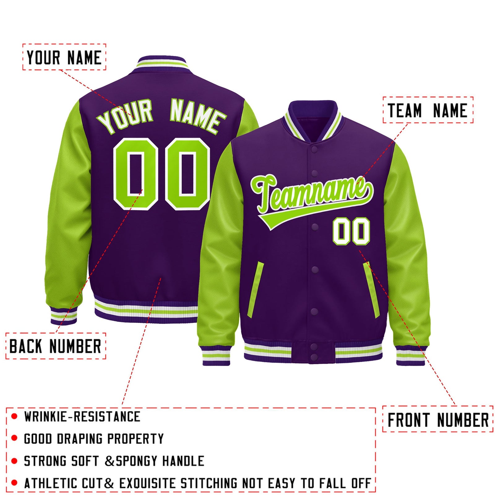 Custom Purple Neon Green White Raglan Sleeves Varsity Full-Snap Leather Sleeves Letterman Jacket| KXKSHOP