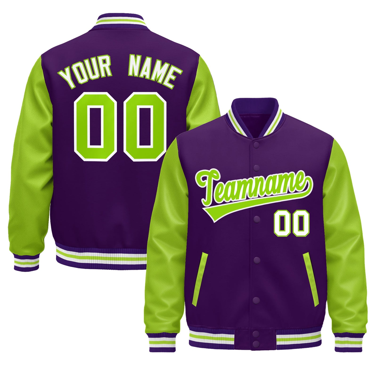 Custom Purple Neon Green White Raglan Sleeves Varsity Full-Snap Leather Sleeves Letterman Jacket| KXKSHOP