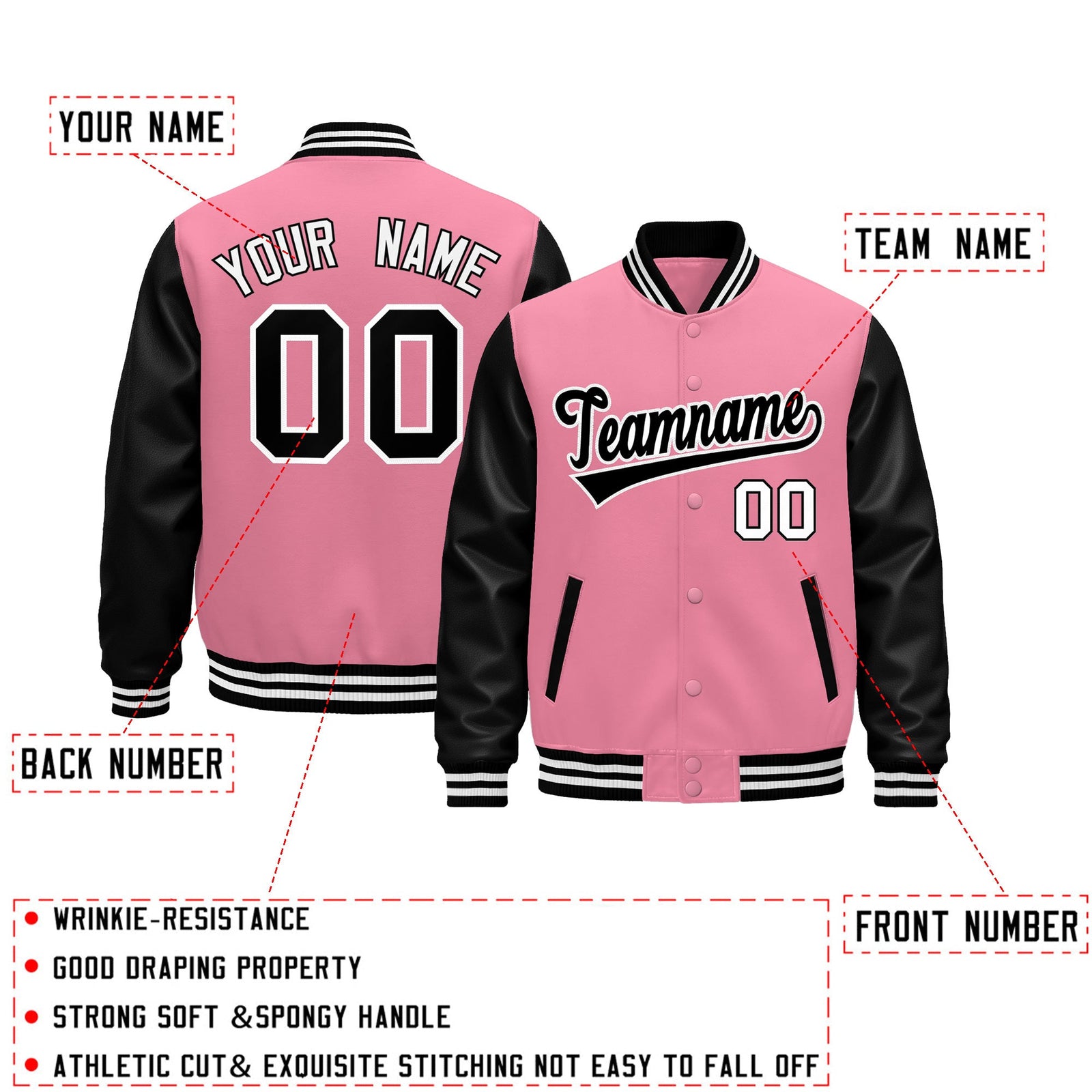 Custom Light Pink Black White Raglan Sleeves Varsity Full-Snap Leather Sleeves Letterman Jacket| KXKSHOP