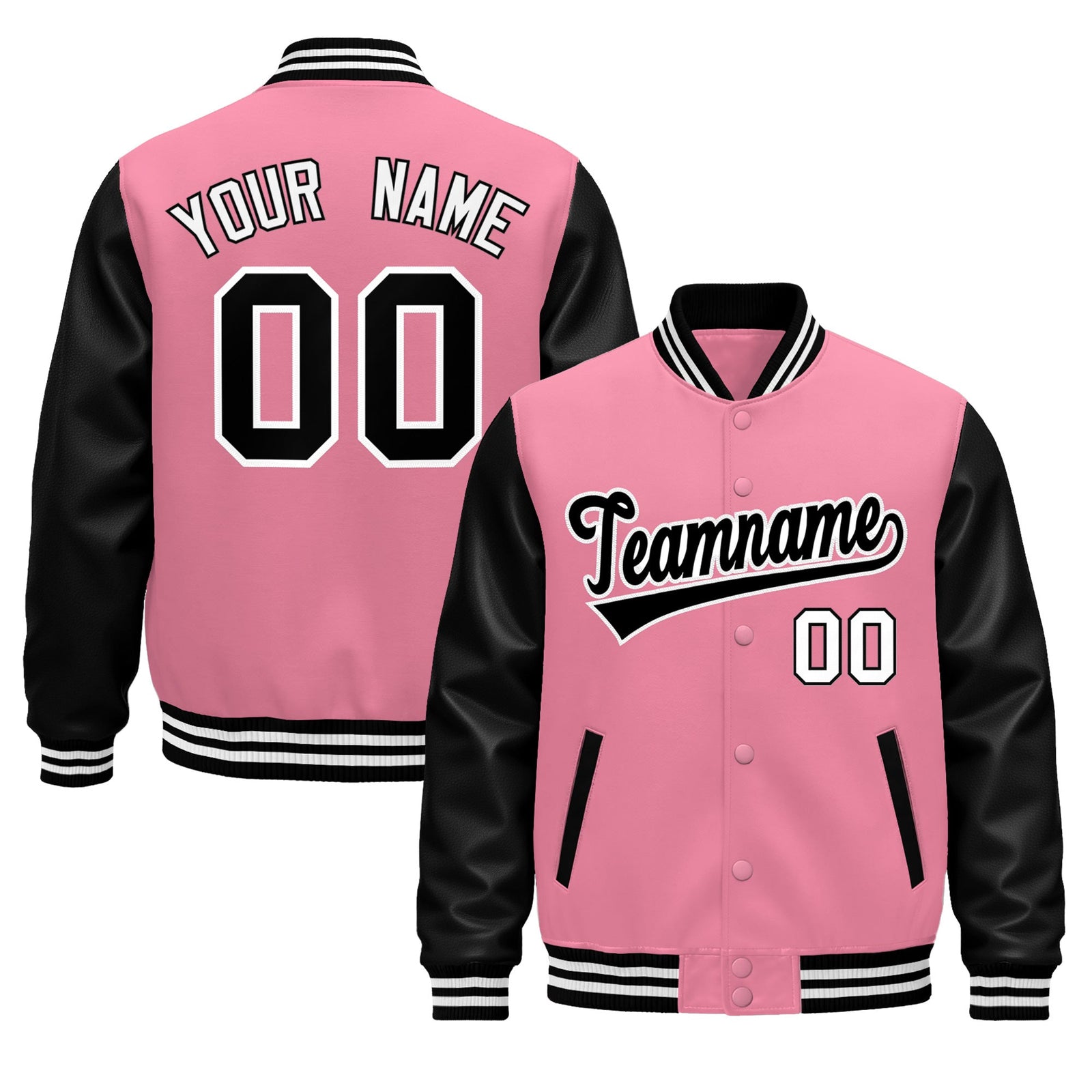 Custom Light Pink Black White Raglan Sleeves Varsity Full-Snap Leather Sleeves Letterman Jacket| KXKSHOP