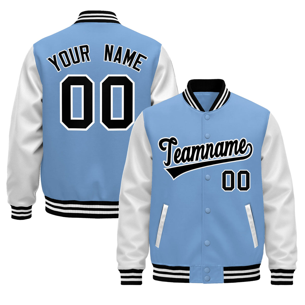 Custom Light Blue Black White Raglan Sleeves Varsity Full-Snap Leather Sleeves Letterman Jacket| KXKSHOP