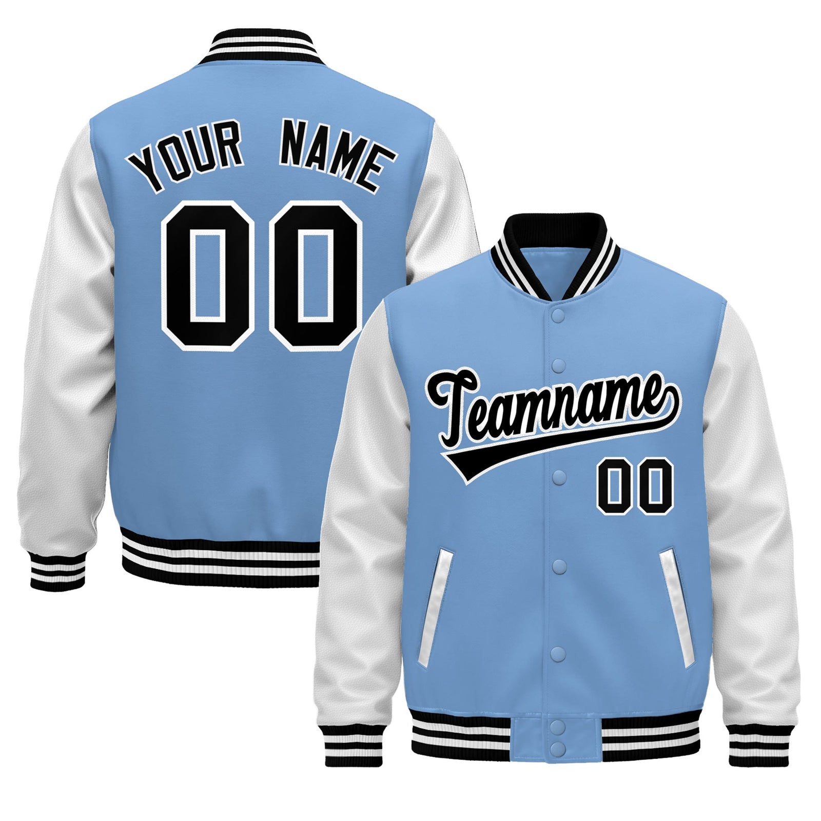 Custom Light Blue Black White Raglan Sleeves Varsity Full-Snap Leather Sleeves Letterman Jacket| KXKSHOP