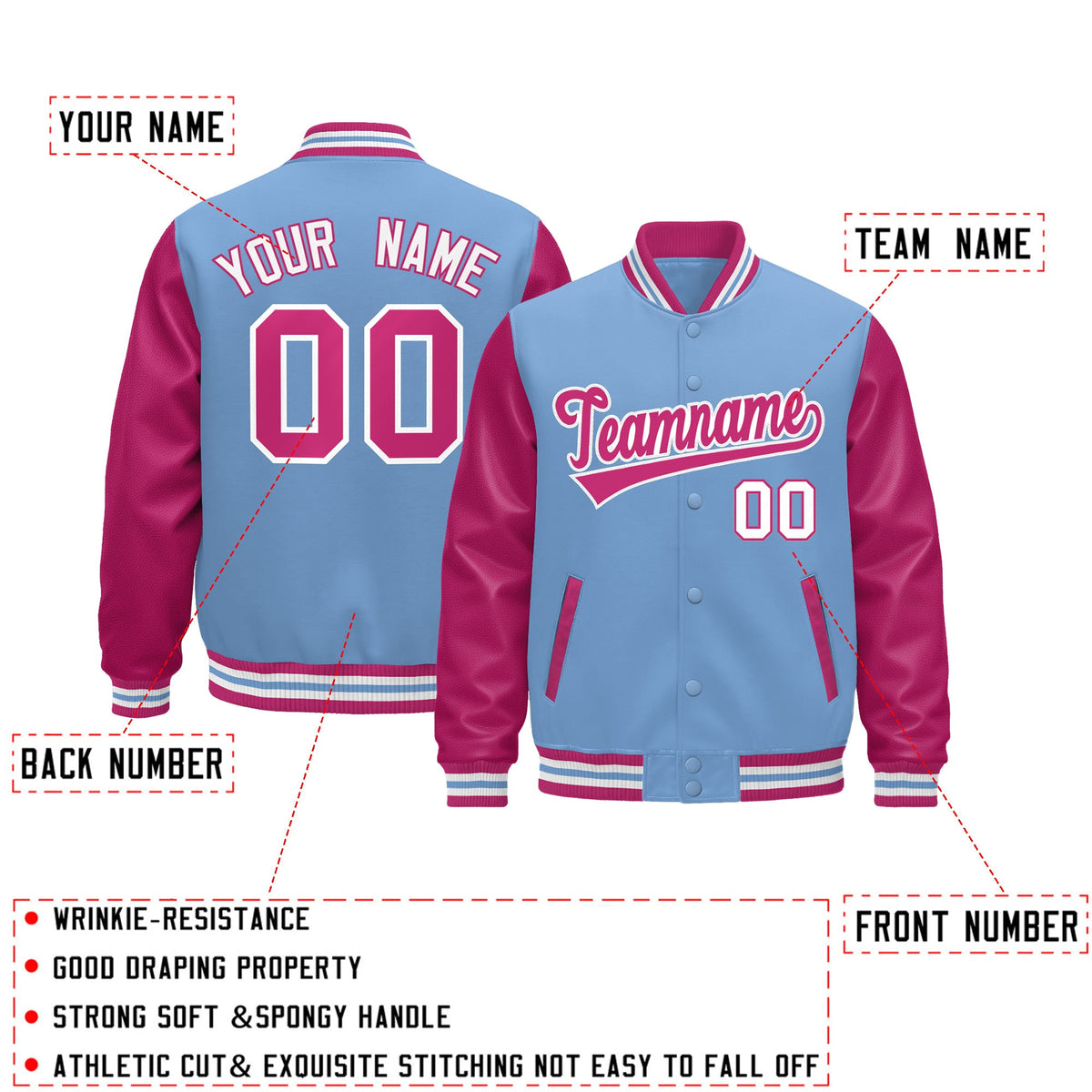 Custom Light Blue Pink White Raglan Sleeves Varsity Full-Snap Leather Sleeves Letterman Jacket| KXKSHOP