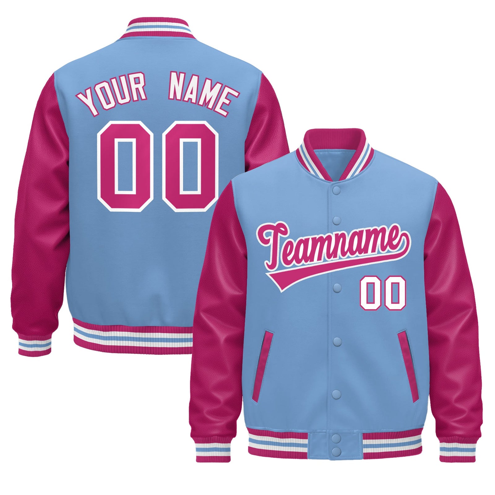 Custom Light Blue Pink White Raglan Sleeves Varsity Full-Snap Leather Sleeves Letterman Jacket| KXKSHOP