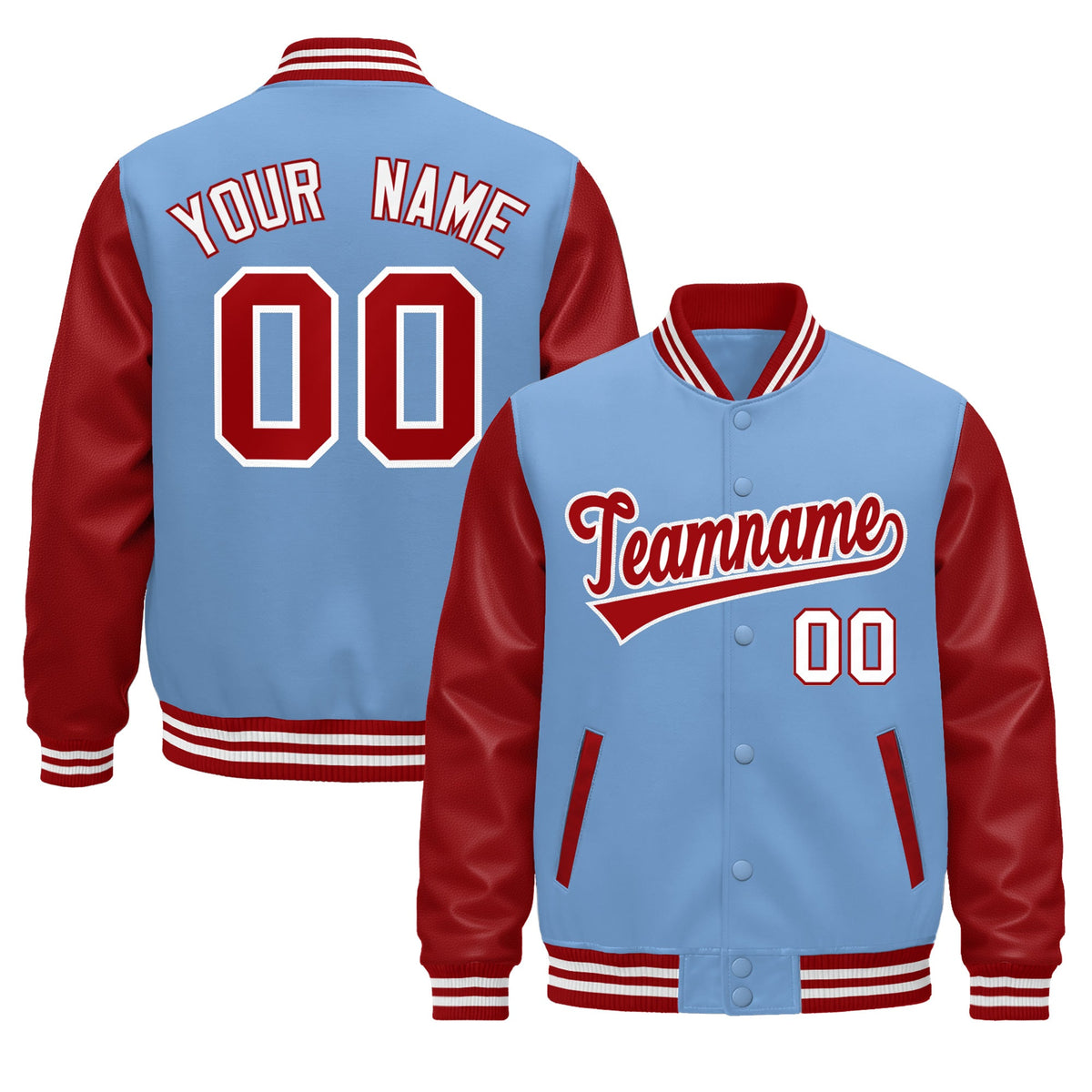 Custom Light Blue Red White Raglan Sleeves Varsity Full-Snap Leather Sleeves Letterman Jacket| KXKSHOP