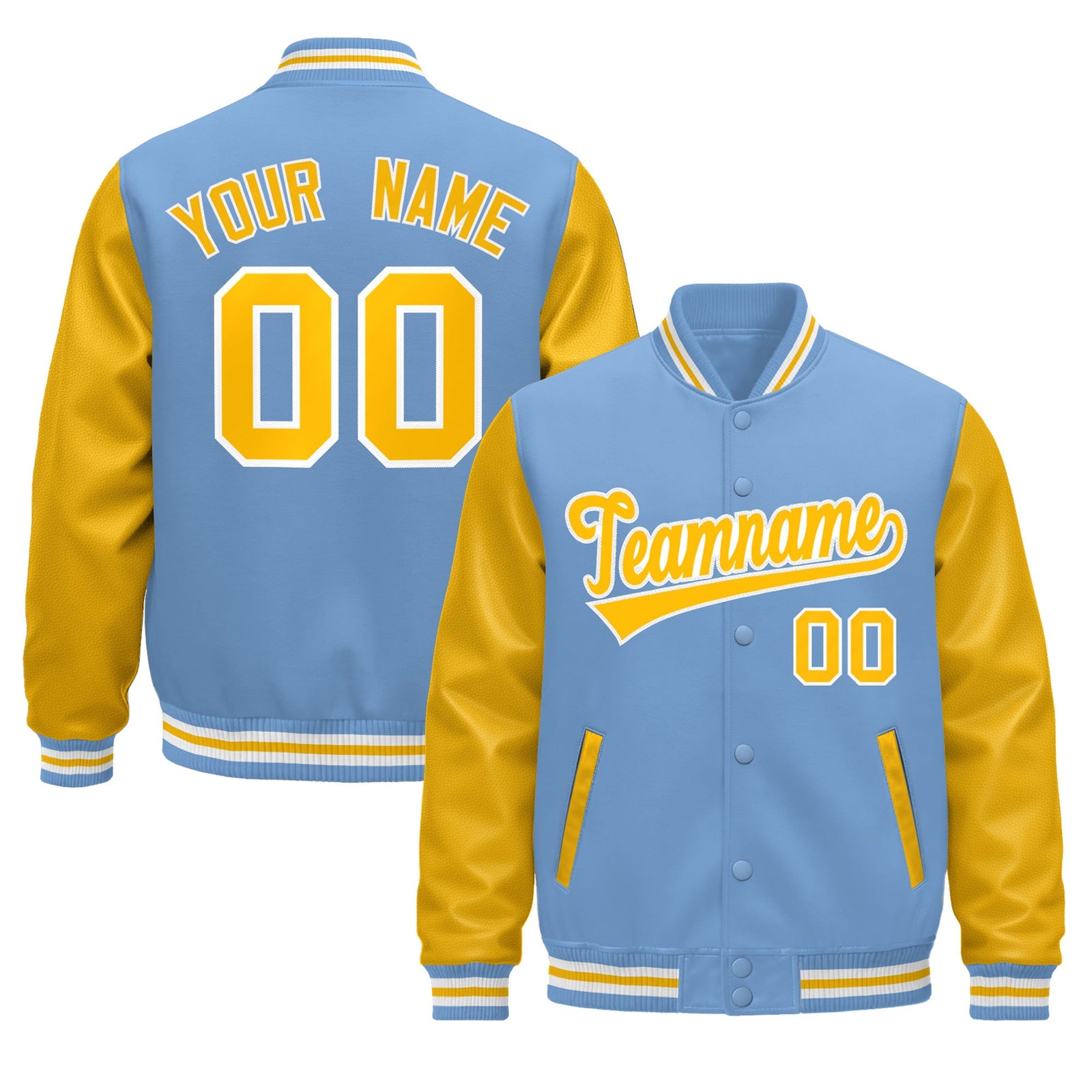Custom Light Blue White Gold Raglan Sleeves Varsity Full-Snap Leather Sleeves Letterman Jacket| KXKSHOP