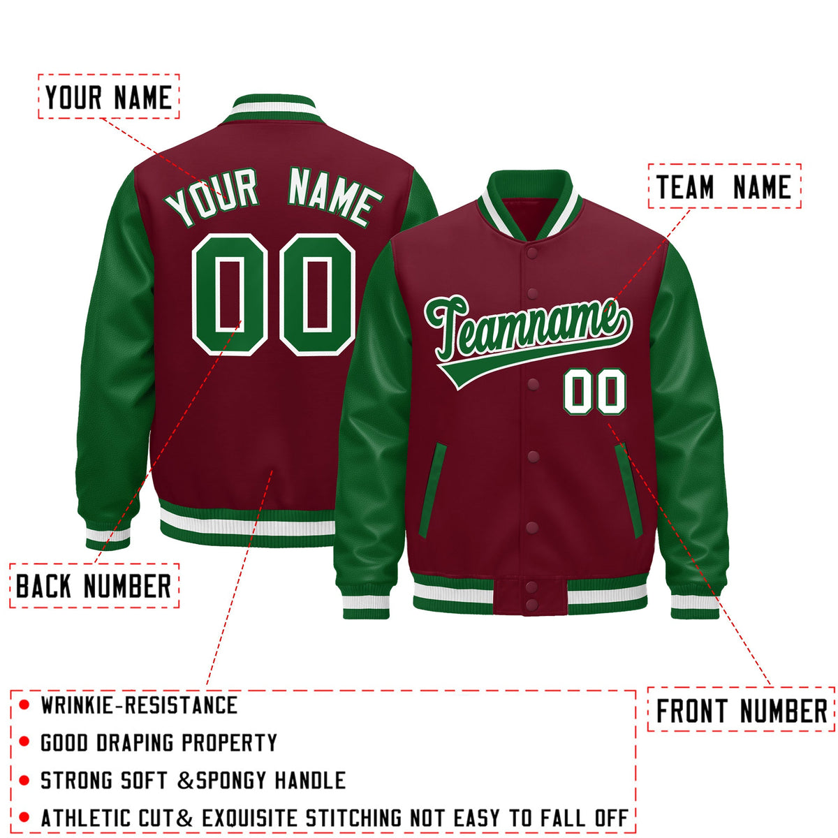 Custom Crimson Kelly Green White Raglan Sleeves Varsity Full-Snap Letterman Jacket| KXKSHOP