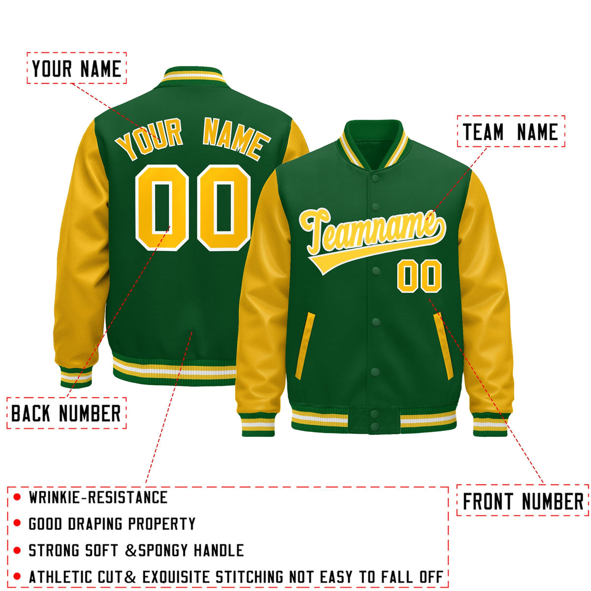 Custom Kelly Green Gold White Raglan Sleeves Varsity Full-Snap Letterman Jacket| KXKSHOP