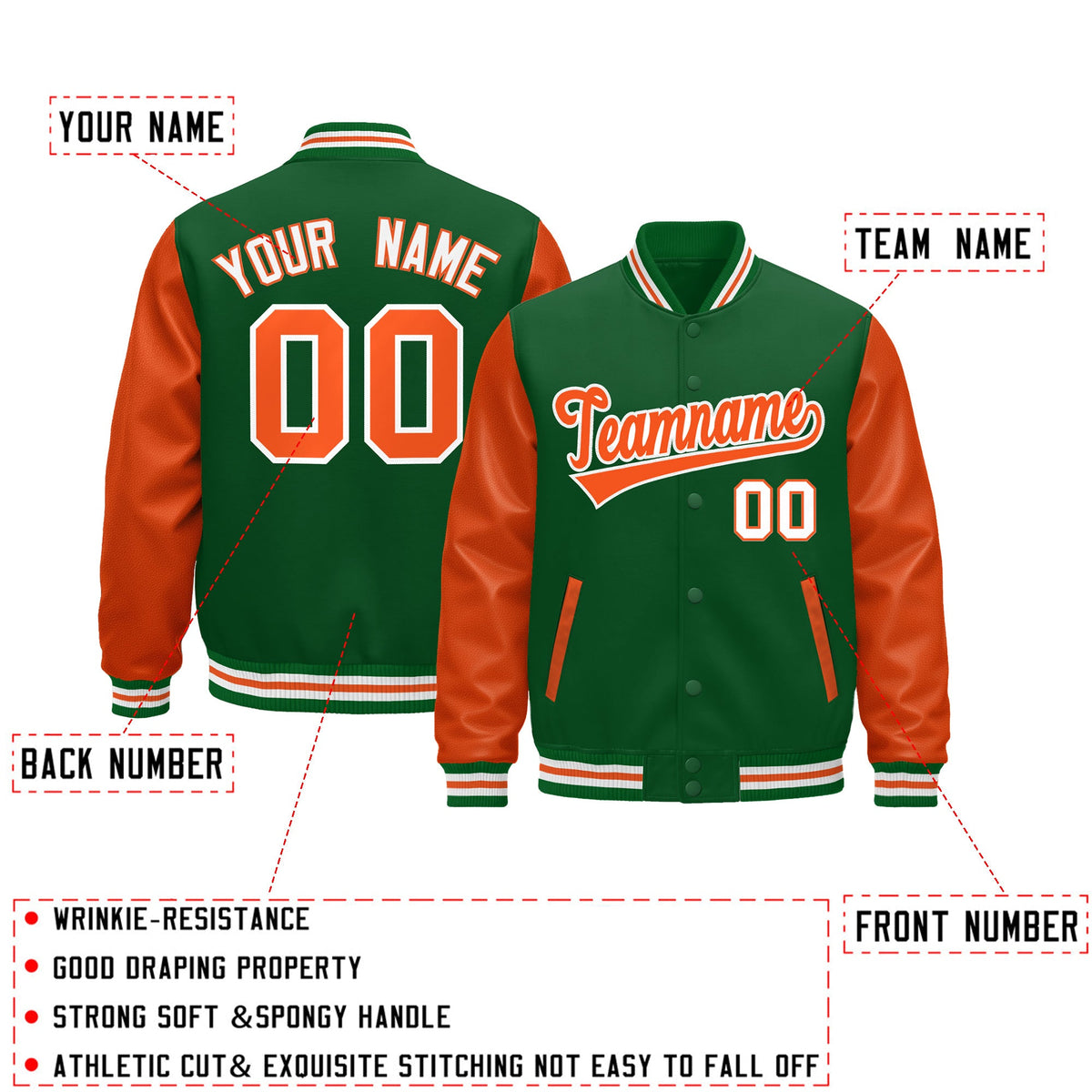 Custom Kelly Green Orange White Raglan Sleeves Varsity Full-Snap Letterman Jacket| KXKSHOP