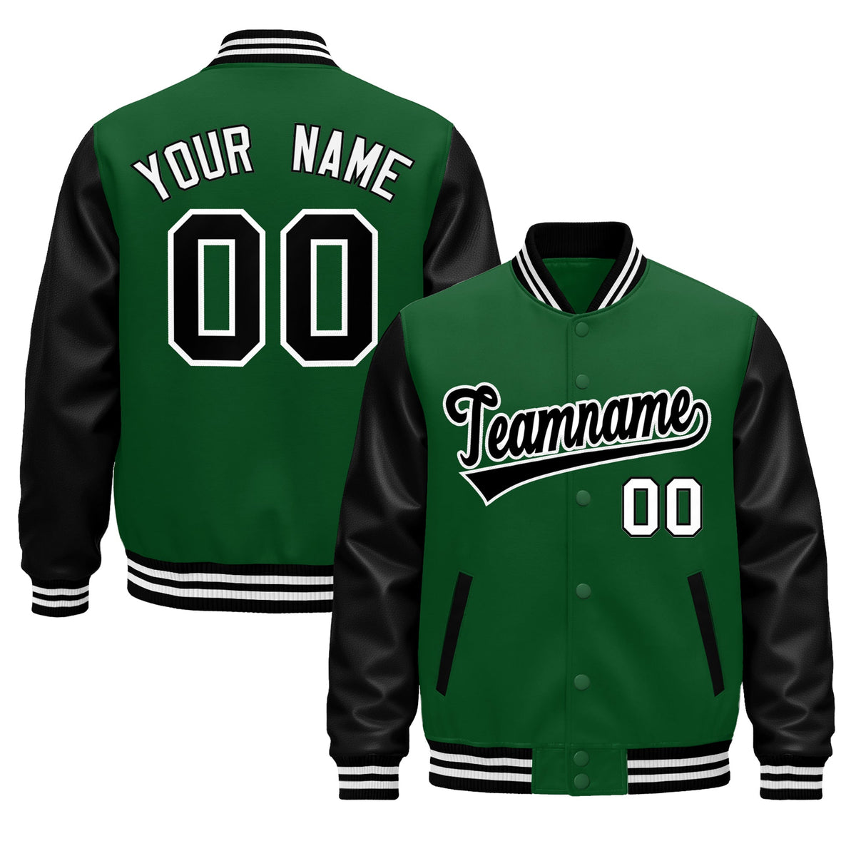 Custom Kelly Green Black White Raglan Sleeves Varsity Full-Snap Leather Sleeves Letterman Jacket| KXKSHOP