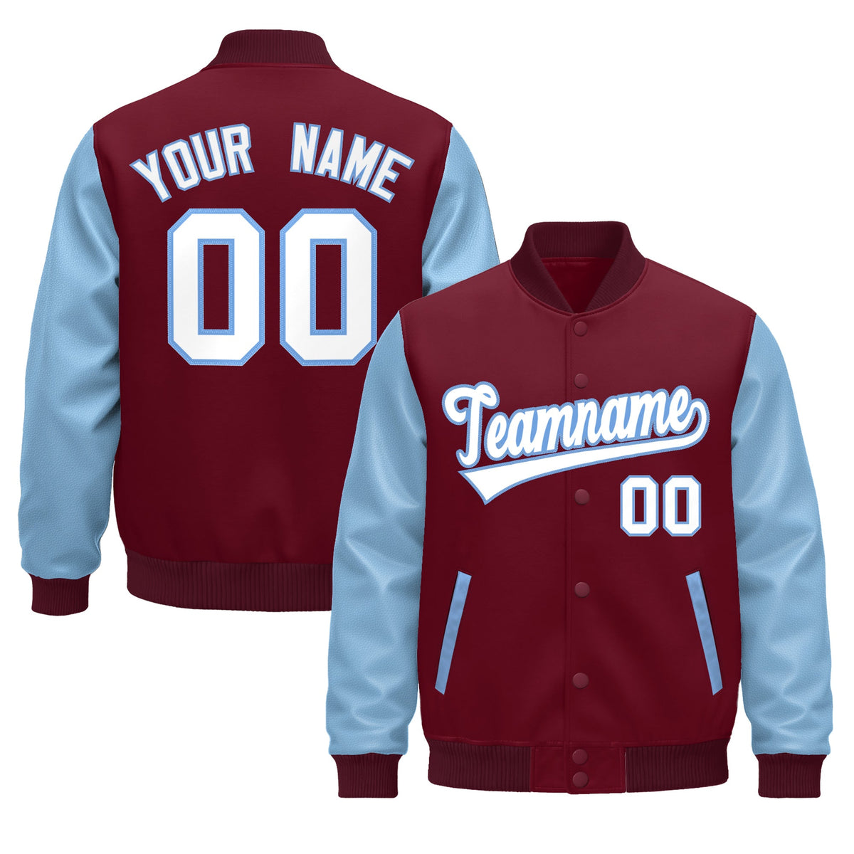 Custom Crimson Light Blue White Raglan Sleeves Varsity Full-Snap Leather Sleeves Letterman Jacket| KXKSHOP