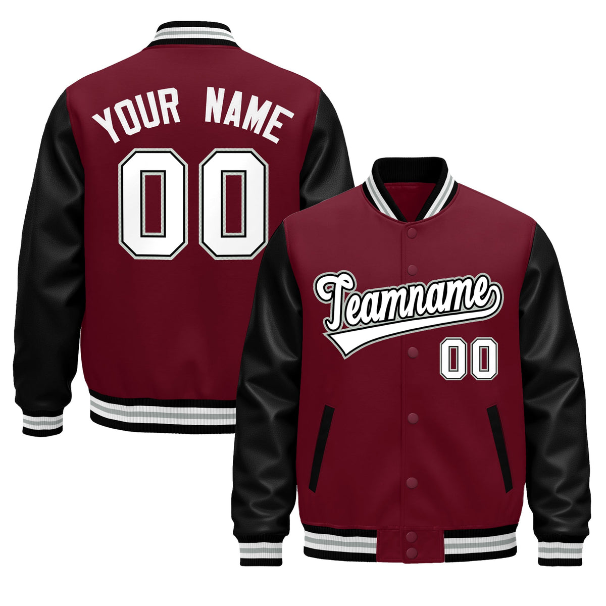 Custom Crimson Black White Gray Raglan Sleeves Varsity Full-Snap Leather Sleeves Letterman Jacket| KXKSHOP