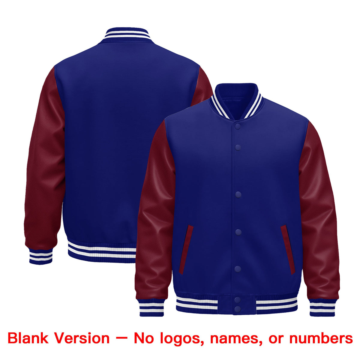 Custom Royal Blue Burgundy White Raglan Sleeves Varsity Full-Snap Leather Sleeves Letterman Jacket| KXKSHOP