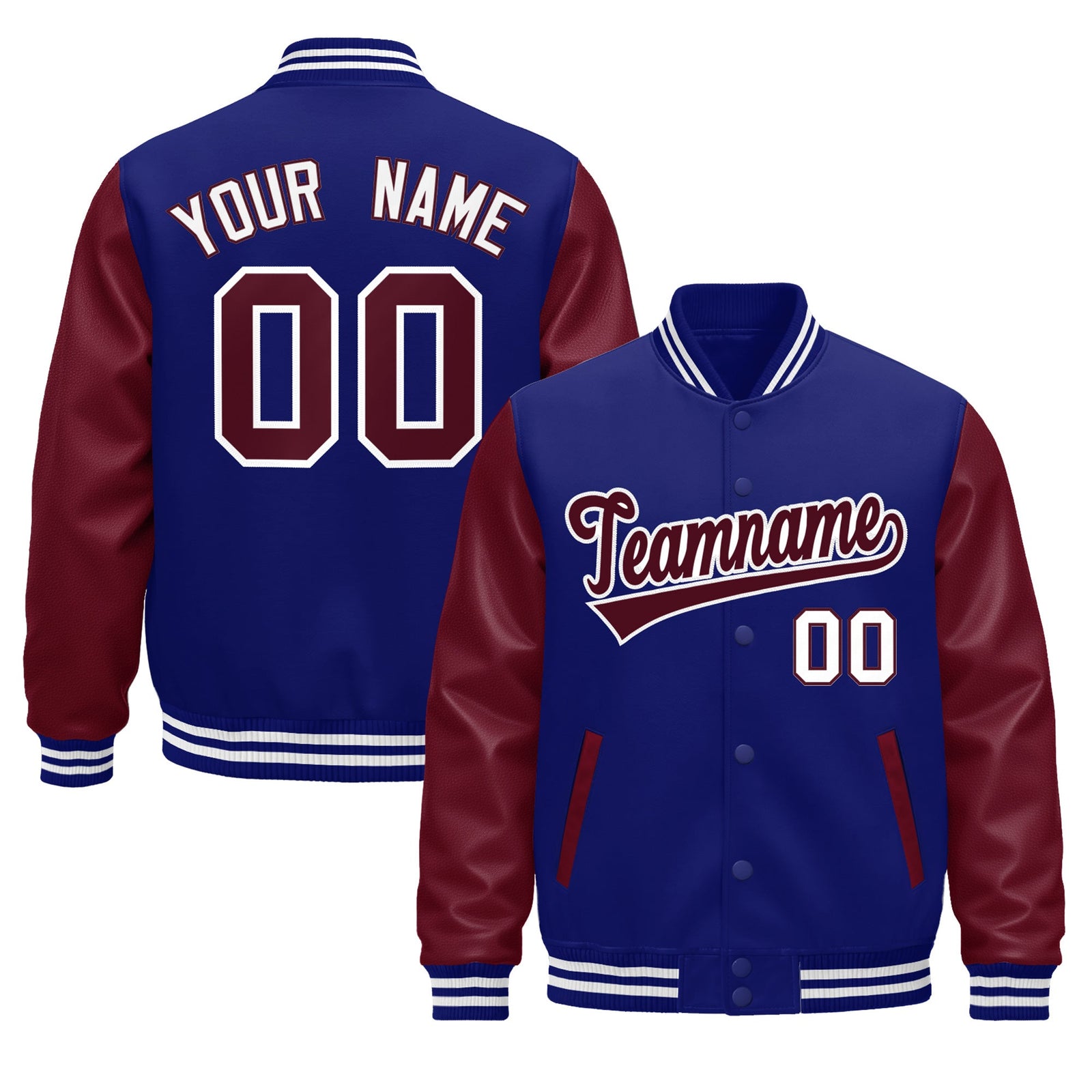 Custom Royal Blue Burgundy White Raglan Sleeves Varsity Full-Snap Leather Sleeves Letterman Jacket| KXKSHOP