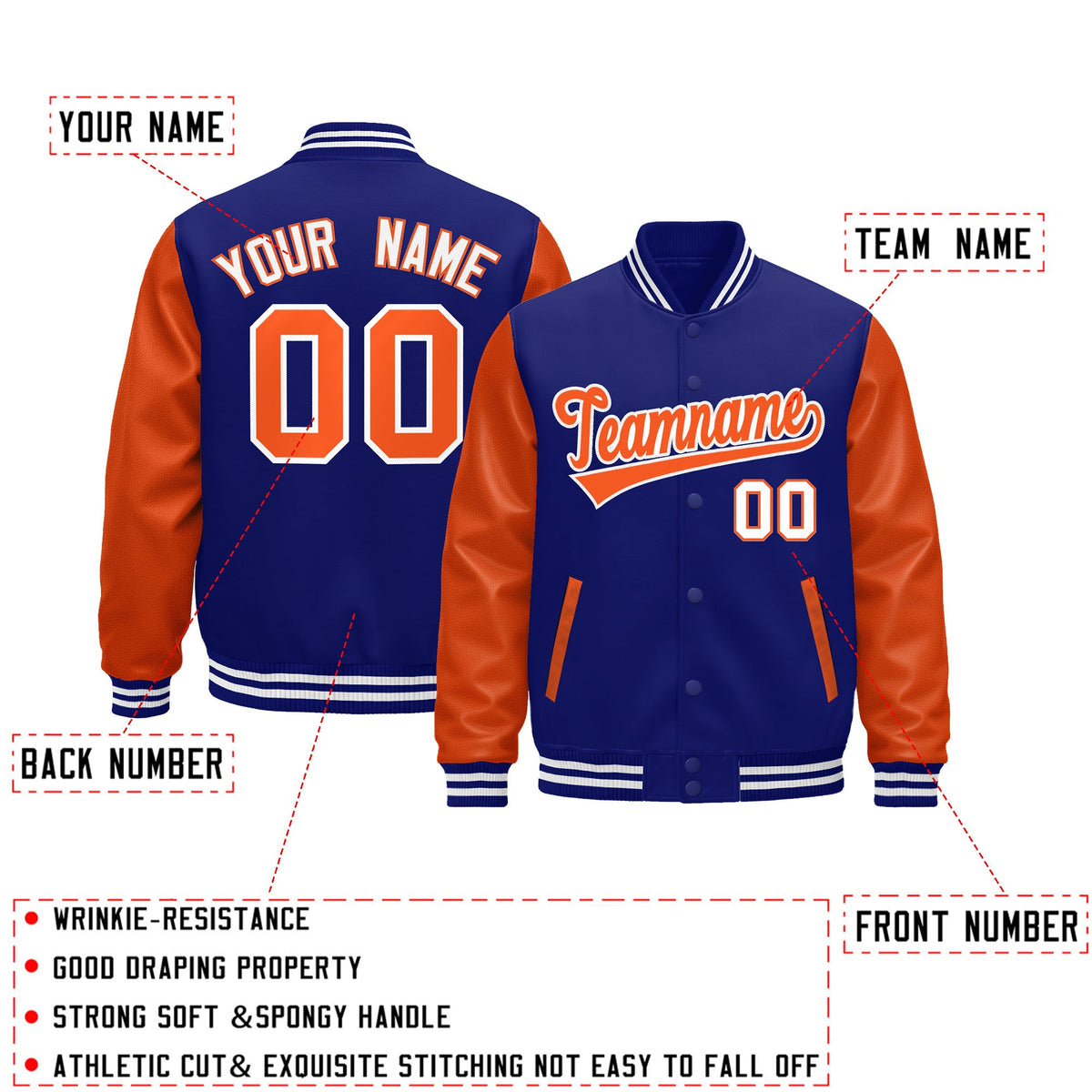 Custom Royal Blue Orange White Raglan Sleeves Varsity Full-Snap Leather Sleeves Letterman Jacket| KXKSHOP