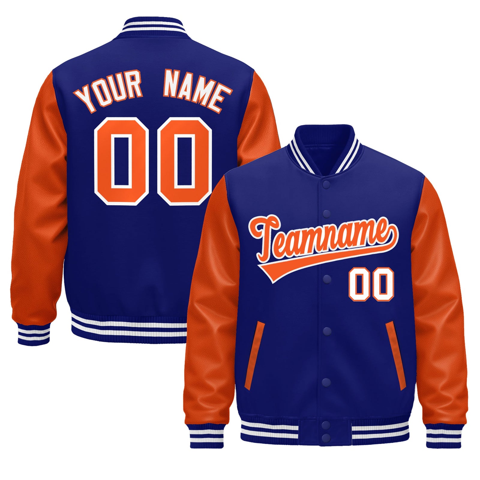 Custom Royal Blue Orange White Raglan Sleeves Varsity Full-Snap Leather Sleeves Letterman Jacket| KXKSHOP