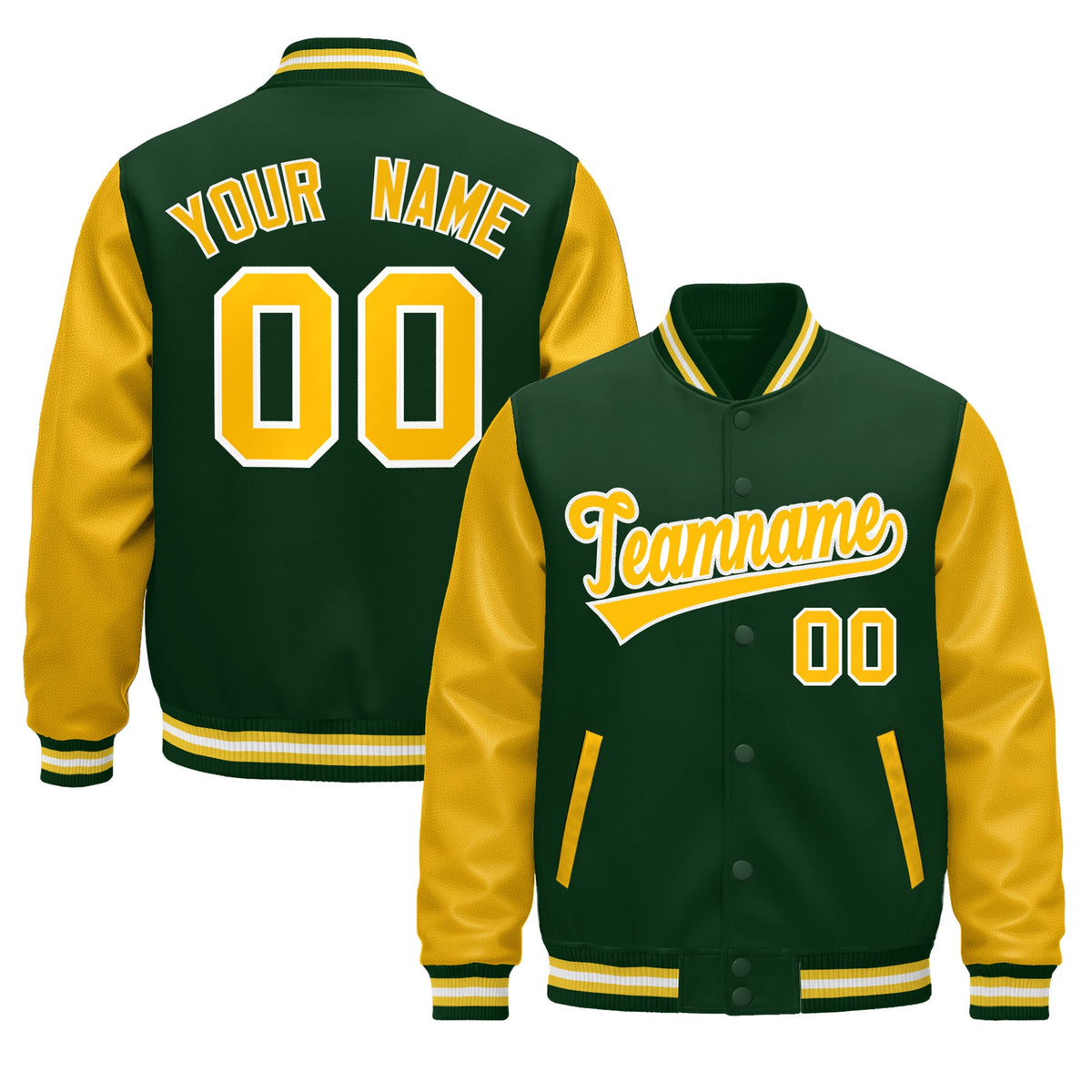 Custom Dark Green Gold White Raglan Sleeves Varsity Full-Snap Leather Sleeves Letterman Jacket| KXKSHOP