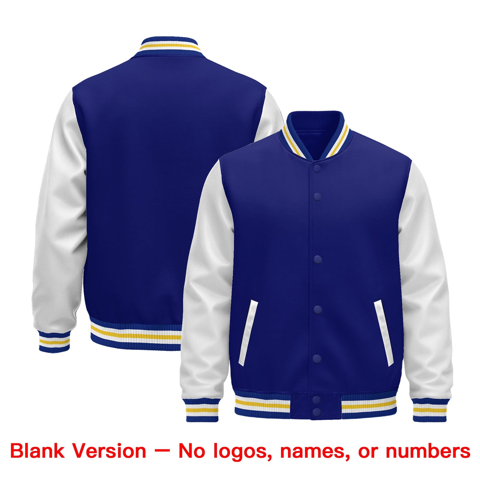 Custom Royal Blue White Gold Raglan Sleeves Varsity Full-Snap Leather Sleeves Letterman Jacket| KXKSHOP