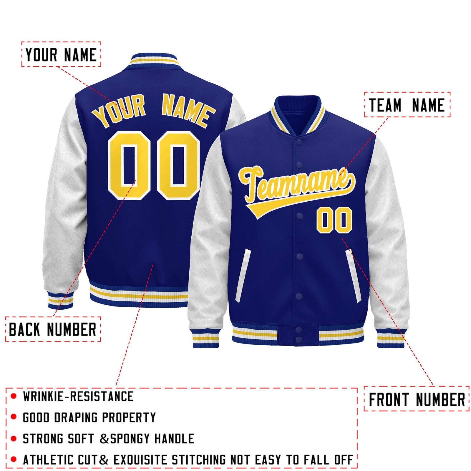 Custom Royal Blue White Gold Raglan Sleeves Varsity Full-Snap Leather Sleeves Letterman Jacket| KXKSHOP
