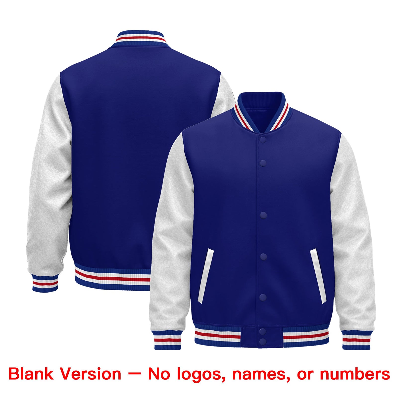 Custom Royal Blue White Red Raglan Sleeves Varsity Full-Snap Leather Sleeves Letterman Jacket| KXKSHOP