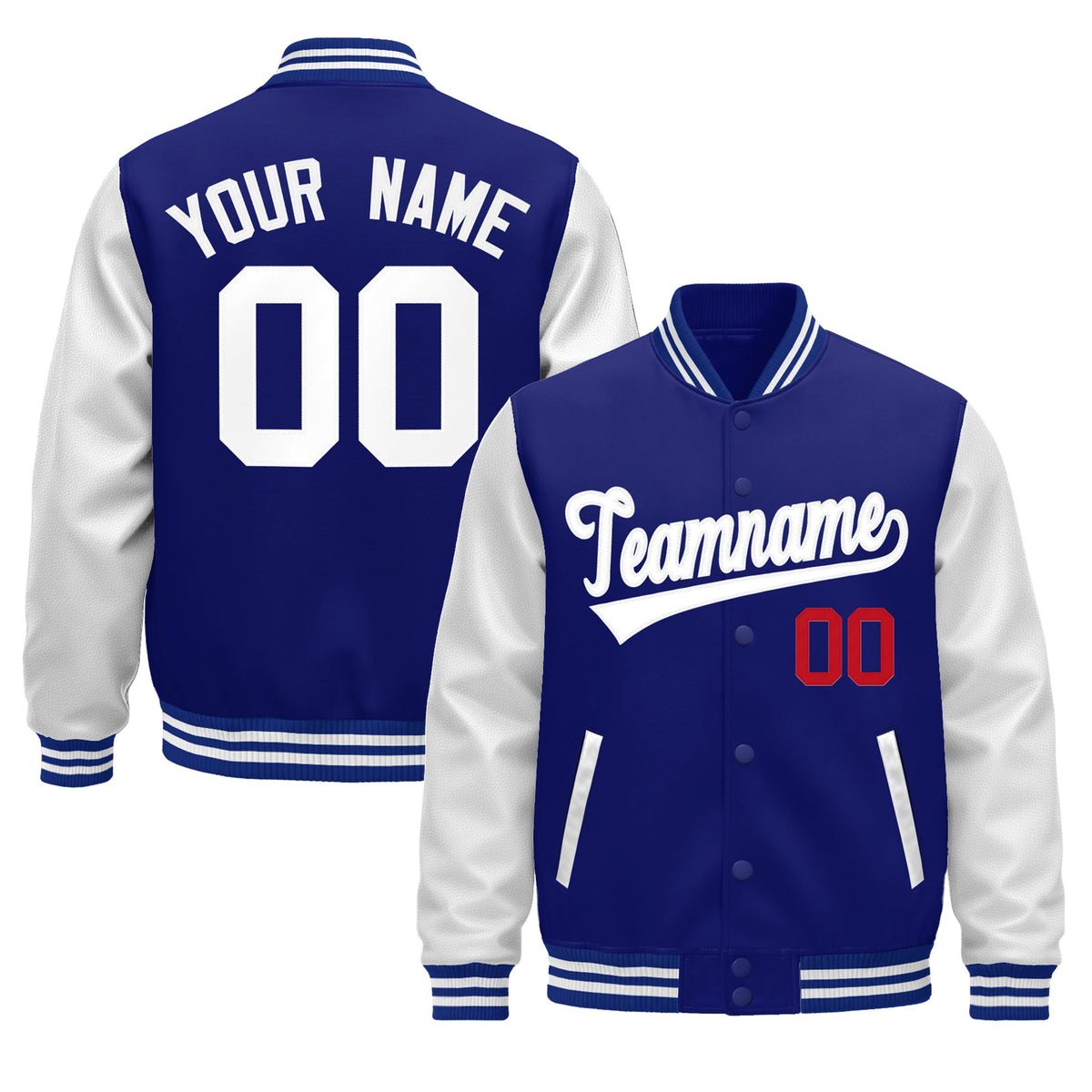 Custom Royal Blue White Raglan Sleeves Varsity Full-Snap Leather Sleeves Letterman Jacket| KXKSHOP