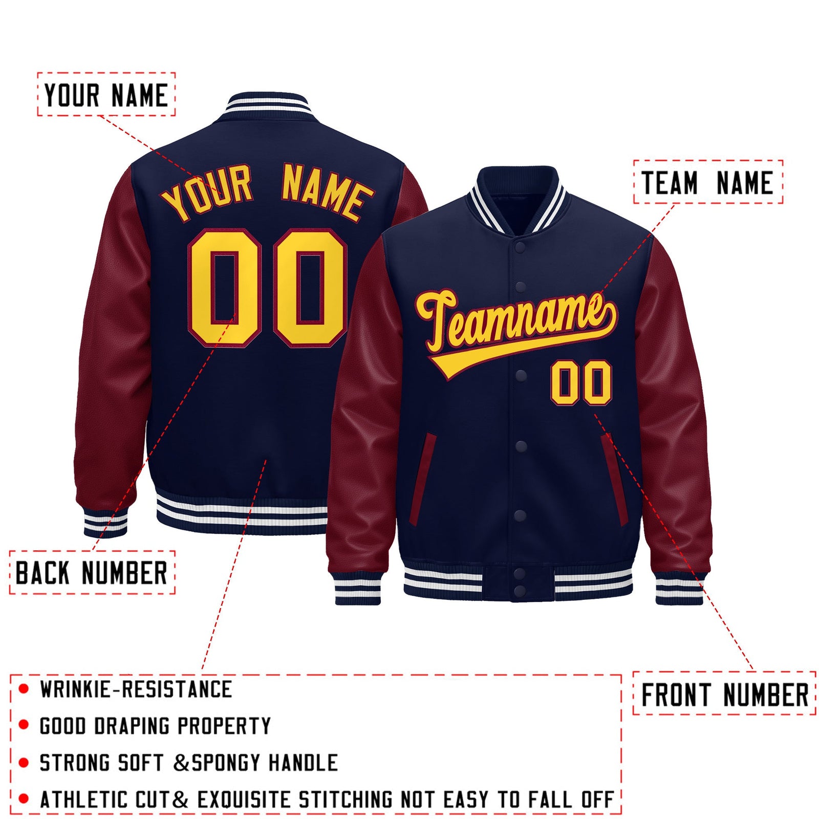 Custom Navy Burgundy Gold White Raglan Sleeves Varsity Full-Snap Leather Sleeves Letterman Jacket| KXKSHOP
