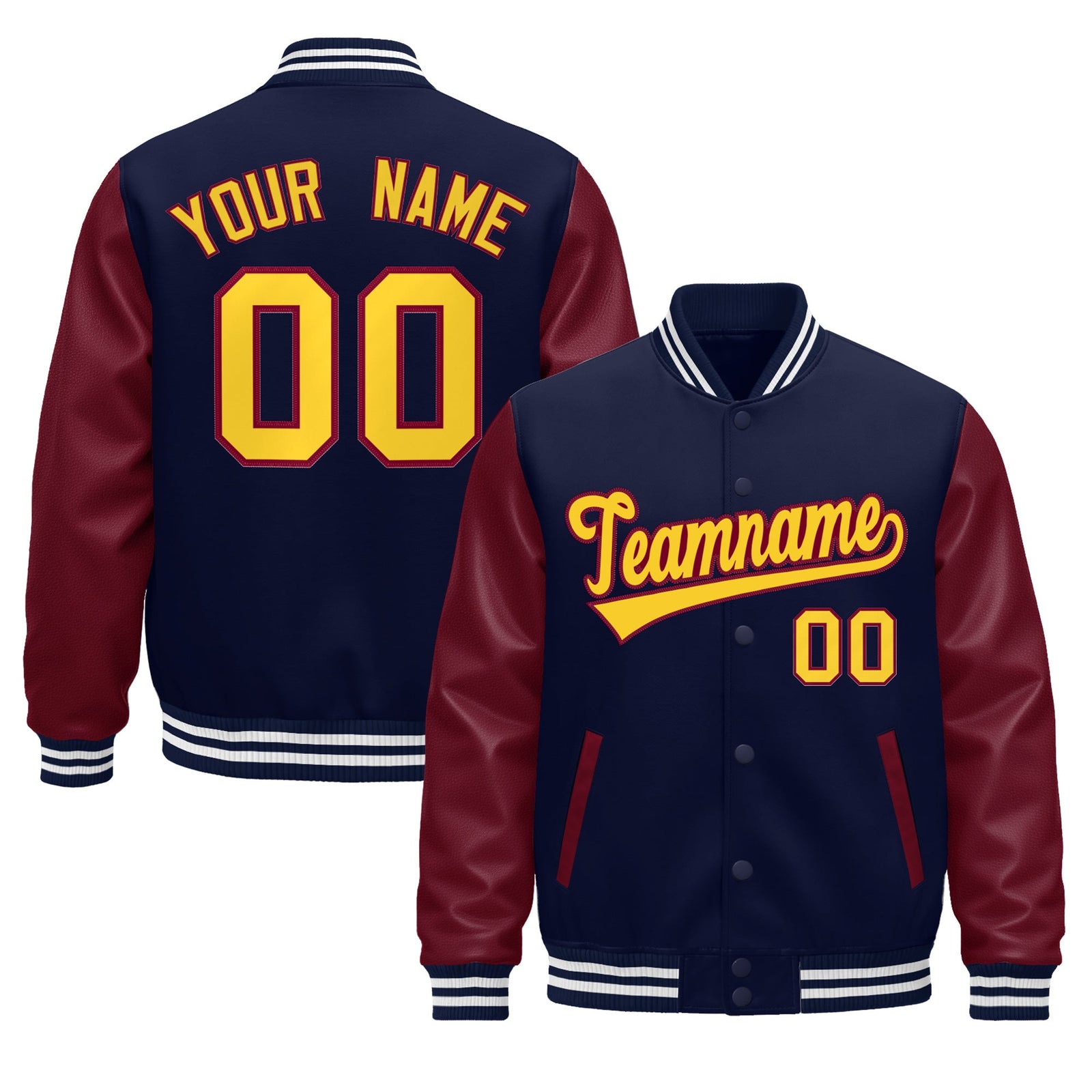 Custom Navy Burgundy Gold White Raglan Sleeves Varsity Full-Snap Leather Sleeves Letterman Jacket| KXKSHOP