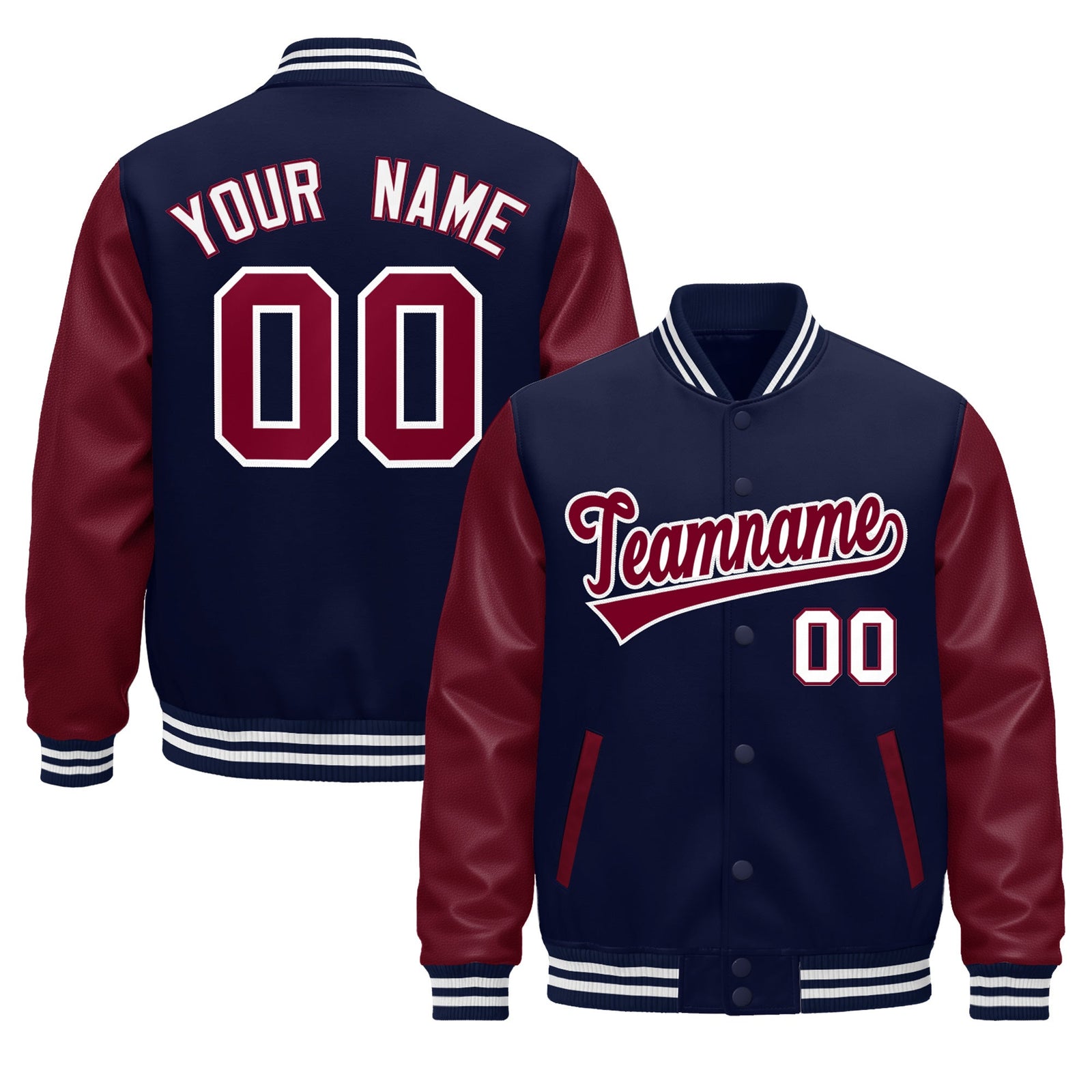 Custom Navy Burgundy White Crimson Raglan Sleeves Varsity Full-Snap Leather Sleeves Letterman Jacket| KXKSHOP