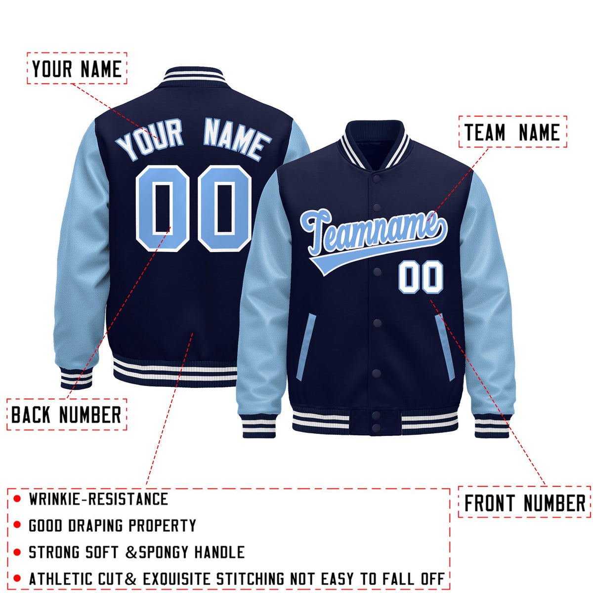Custom Navy Light Blue White Raglan Sleeves Varsity Full-Snap Leather Sleeves Letterman Jacket| KXKSHOP