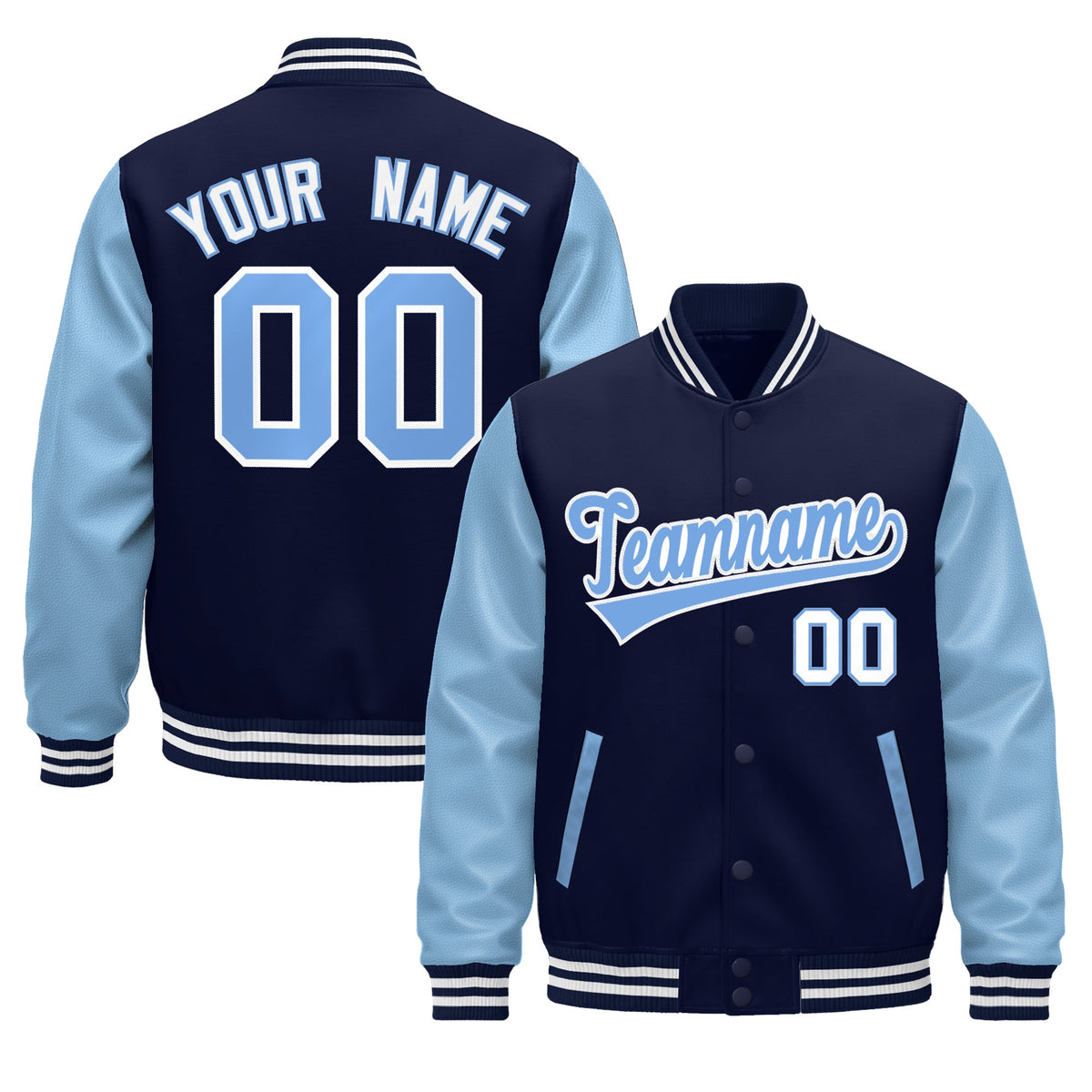 Custom Navy Light Blue White Raglan Sleeves Varsity Full-Snap Leather Sleeves Letterman Jacket| KXKSHOP